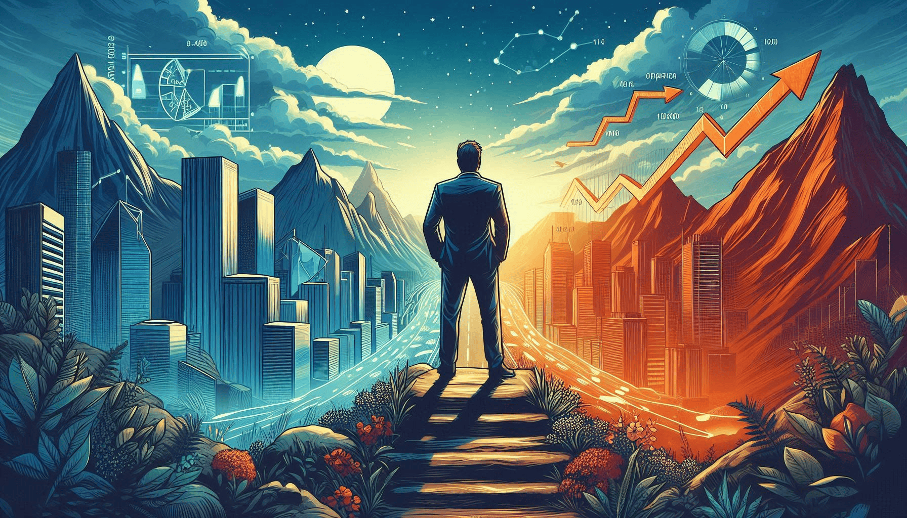 A man in formal attire stands on a path to a city, embodying reflection and gratitude for Jadex Strategic Group's business journey.