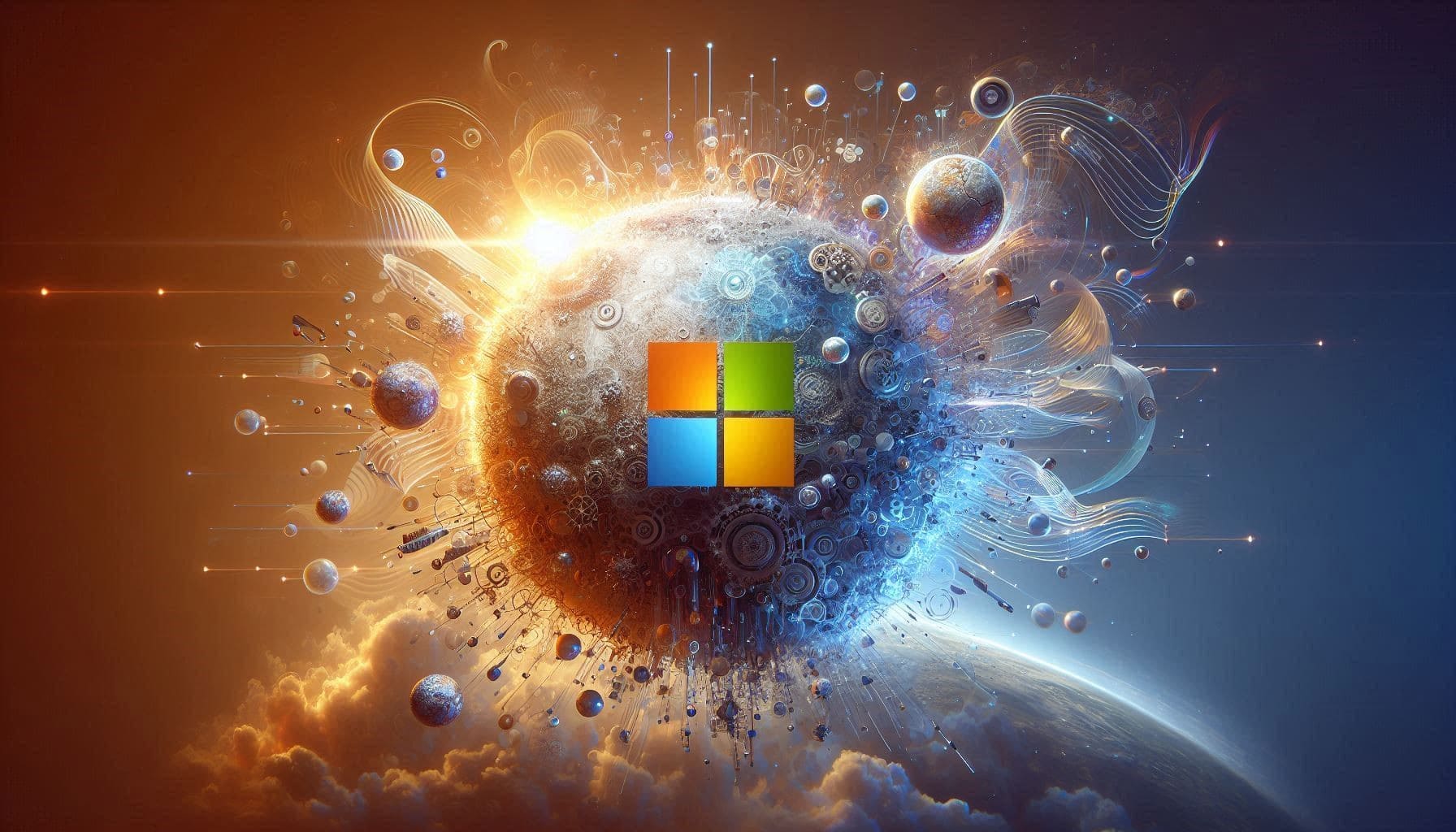 Microsoft logo centered on a vibrant digital sphere with glowing abstract elements, gears, and circuit patterns representing technology innovation and cloud computing.