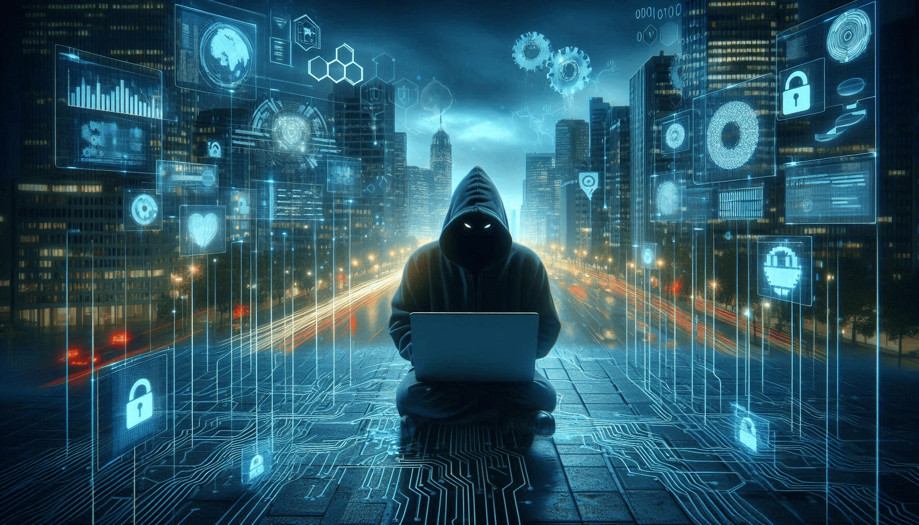 Hooded figure using a laptop on a digital circuit floor with glowing cybersecurity icons, data charts, and network graphics against a futuristic cityscape background.