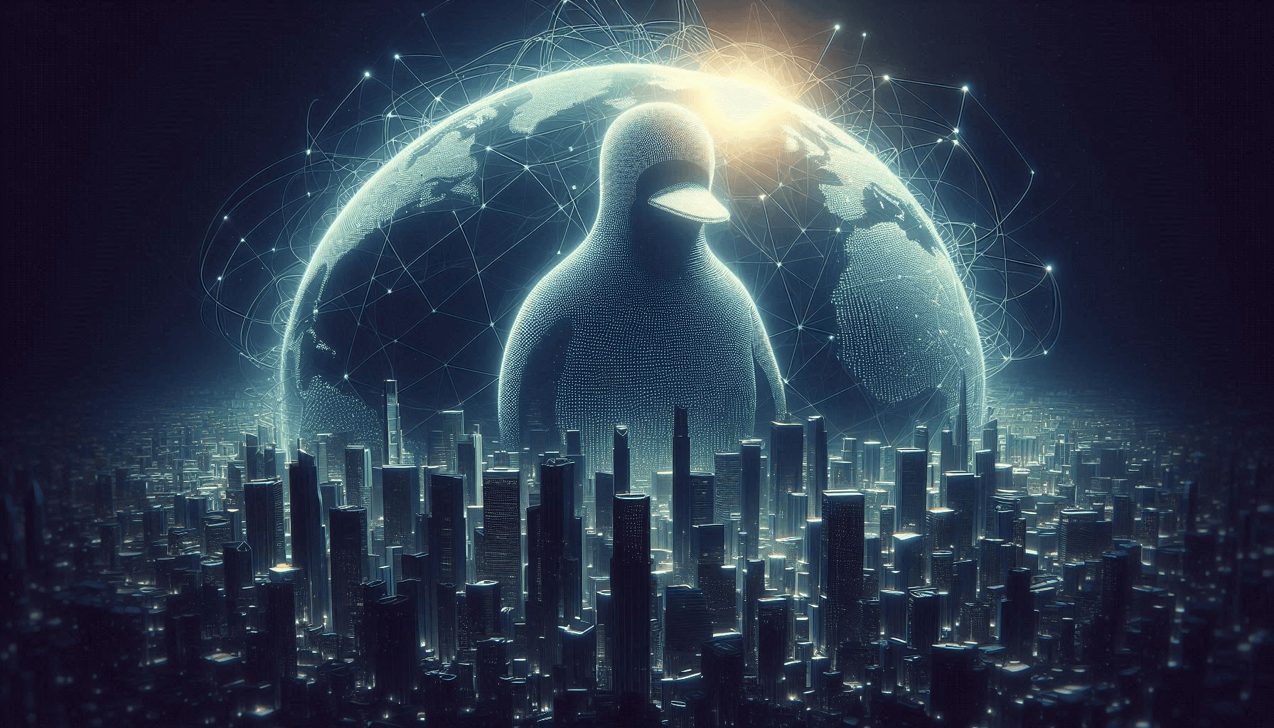 Futuristic illustration of global cybersecurity featuring a large digital penguin silhouette standing over a glowing cityscape, with a connected network of lines and nodes forming a globe in the background, symbolizing open-source technology, secure infrastructure, and worldwide digital connectivity.