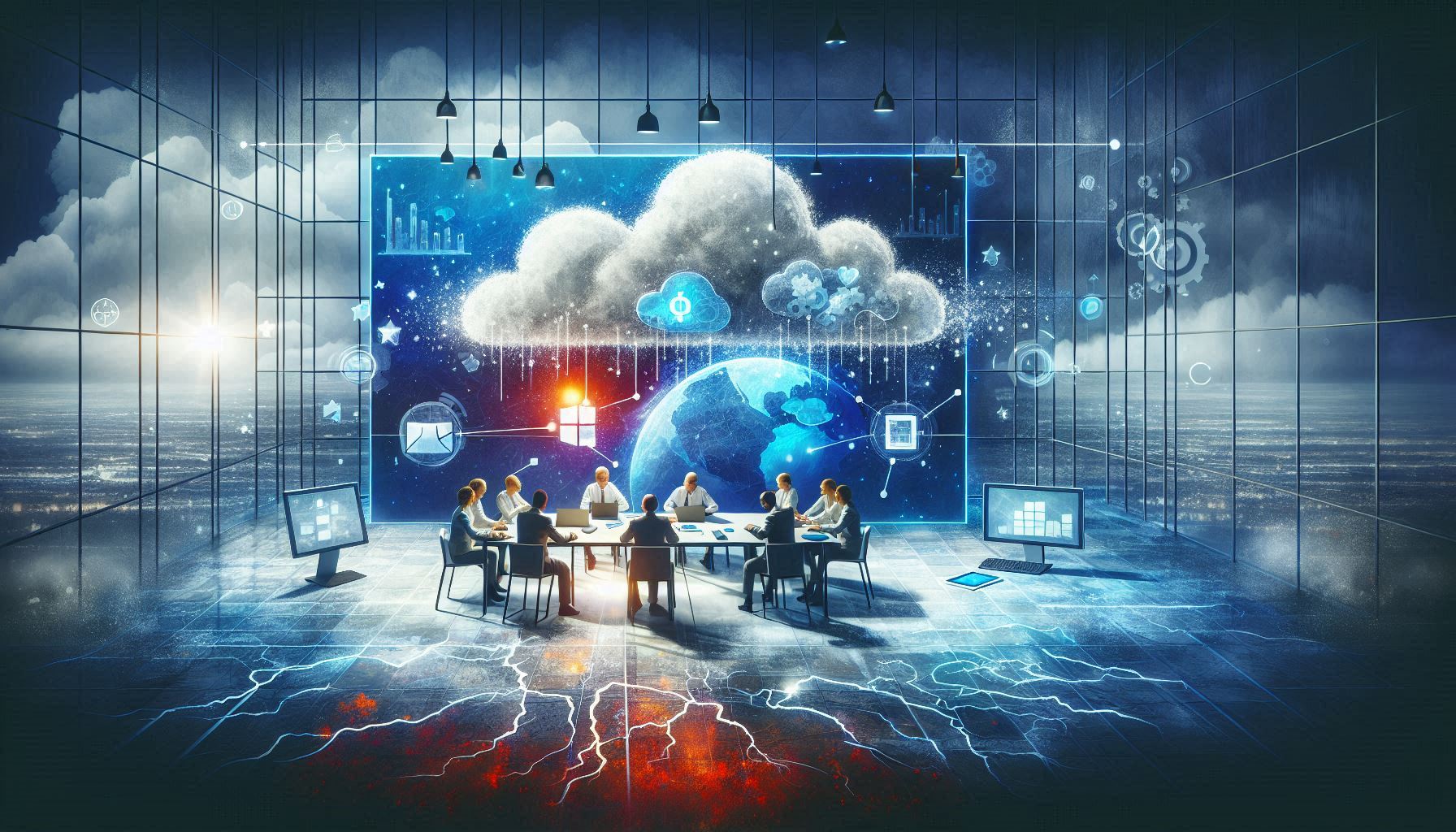 Futuristic illustration of a corporate strategy meeting in a glass-walled room with a large digital screen displaying a glowing cloud above Earth, surrounded by technology icons for cloud computing, data analytics, and connectivity, symbolizing global digital transformation and collaboration.