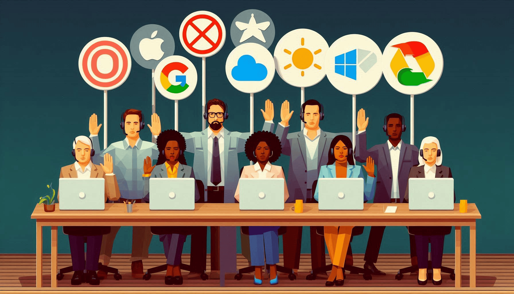 Illustration of a group of professionals seated at a long desk with laptops, raising hands under floating icons of major technology brands and cloud services, symbolizing digital collaboration and enterprise software adoption.