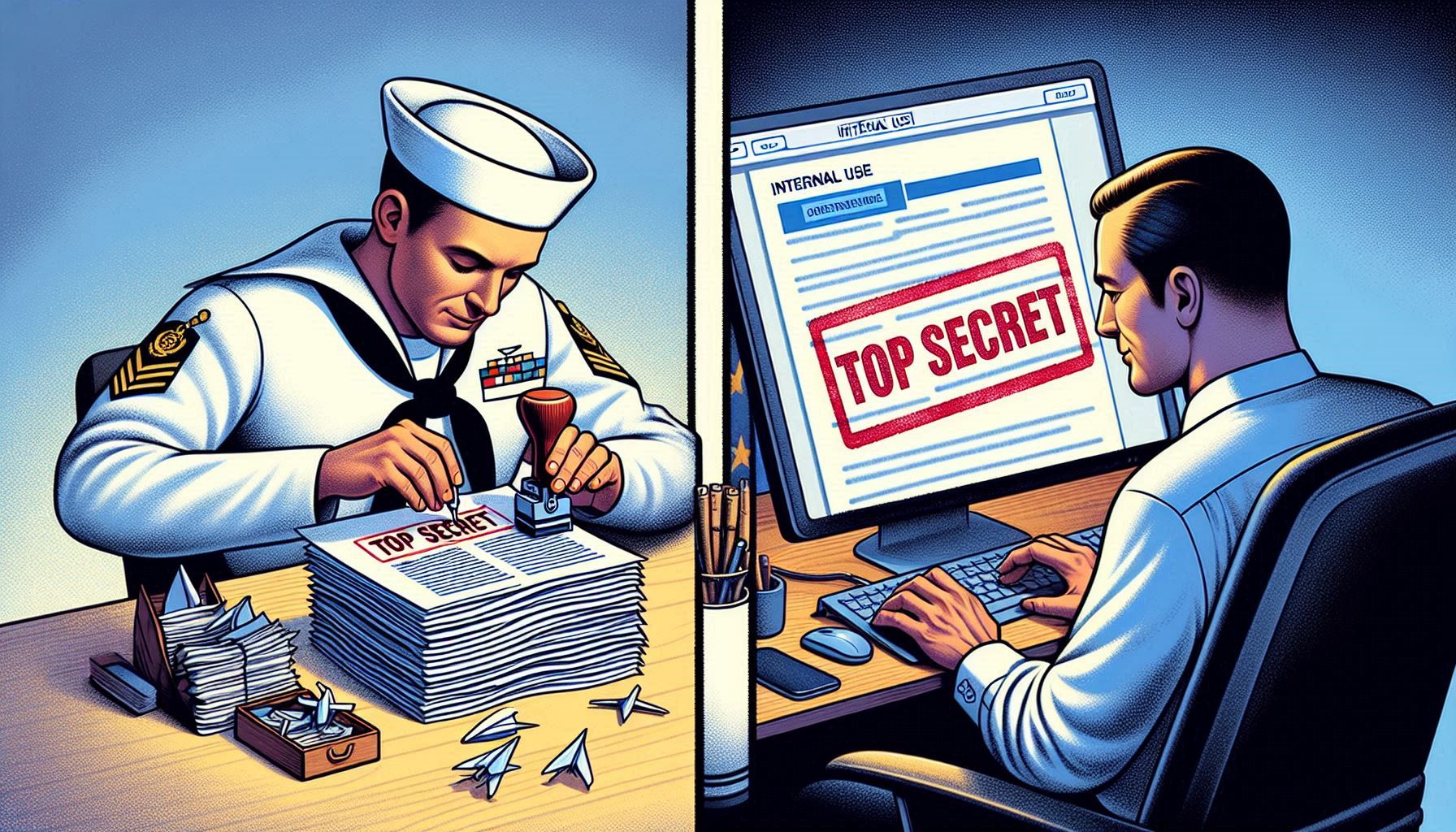 Illustration showing classified information handling with two scenes: a military officer stamping Top Secret on paper documents and a business professional viewing a digital file marked Top Secret on a computer screen, symbolizing secure data management.