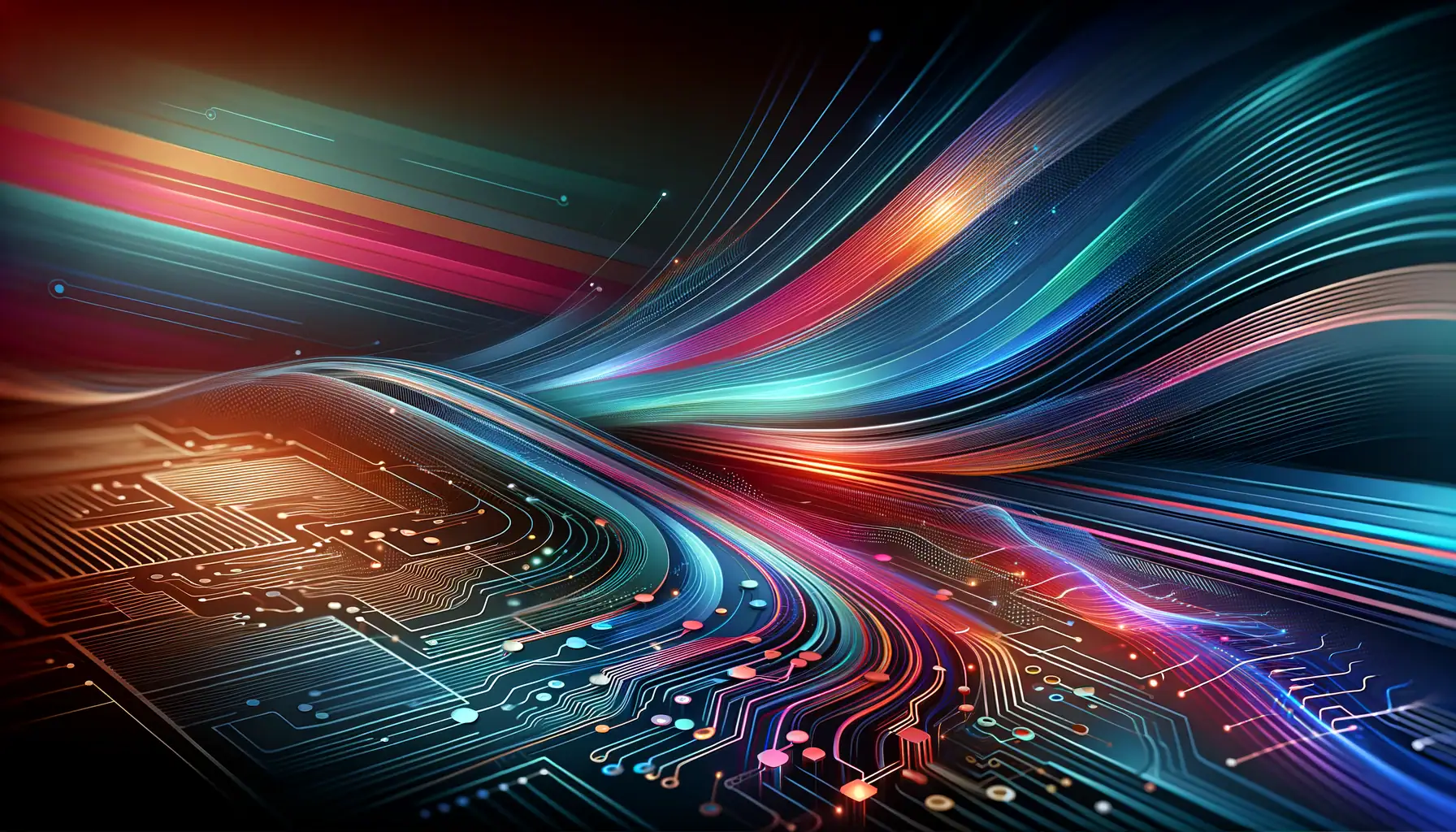 Abstrakte, futuristische Datenströme über einer digitalen Leiterplatte – Darstellung von Hightech, Innovation, künstlicher Intelligenz und digitaler Transformation.