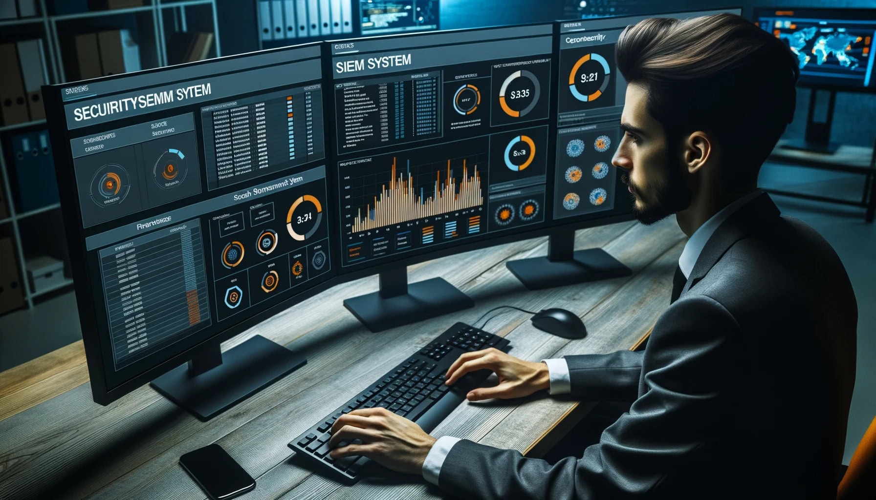 DALL·E 2023-10-04 23.39.14 – Photo of a cybersecurity expert of mixed descent working on a multi-monitor setup. One of the screens displays a SIEM system dashboard, showing logs, DALL·E 2023 10 04 23.39.14 Photo of a cybersecurity expert of mixed descent working on a multi monitor setup. One of the screens displays a SIEM system dashboard showing logs