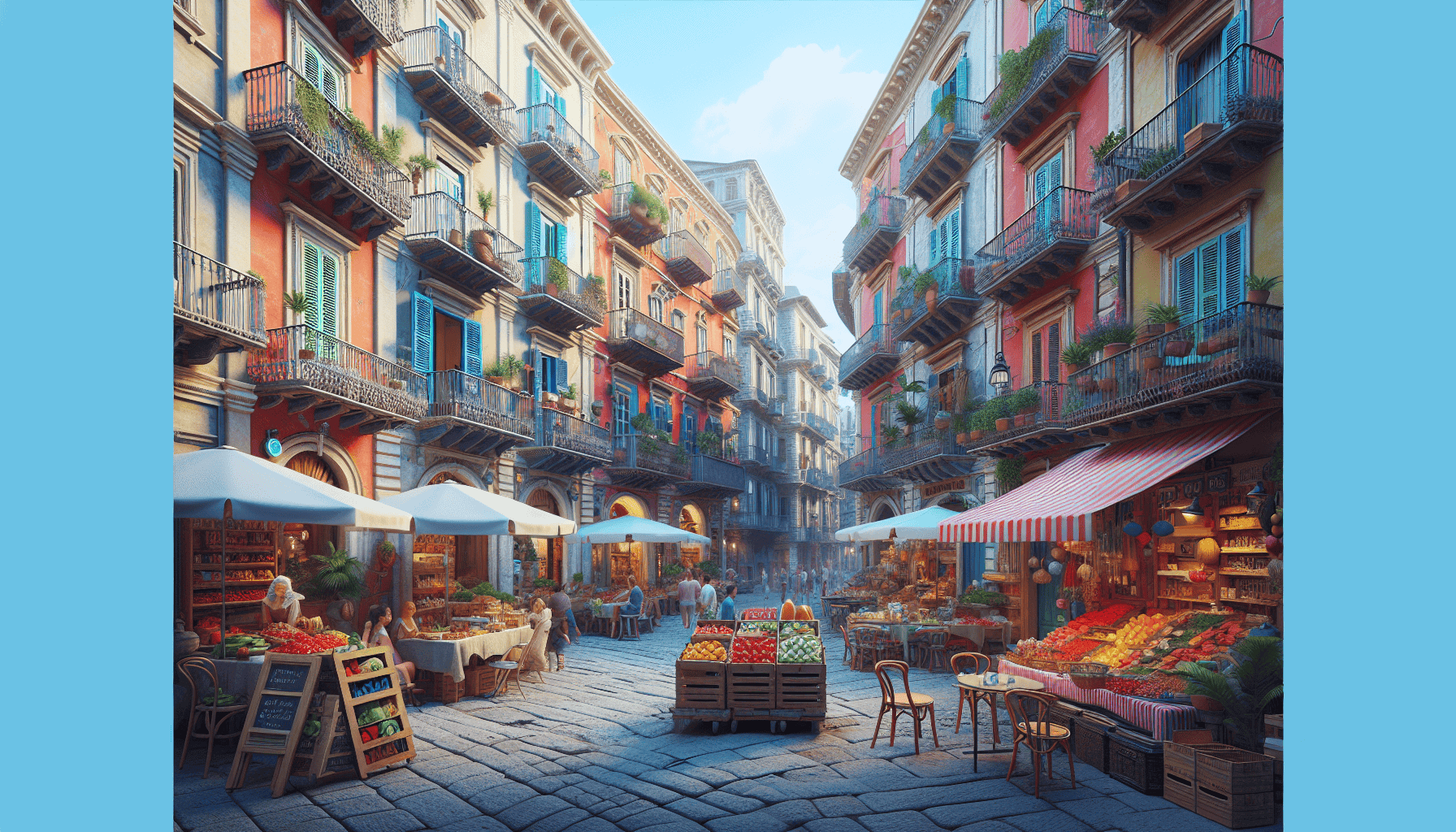Create an illustration of a vibrant, picturesque Italian cityscape featuring charming narrow streets, colorful buildings with quaint balconies, bustling local markets, cafes with outdoor seating, and historic landmarks. The setting should convey affordability and inviting hospitality, with signs indicating the cities such as Palermo, Bologna, and Naples. The overall mood should be lively and welcoming, perfect for a budget-friendly adventure.