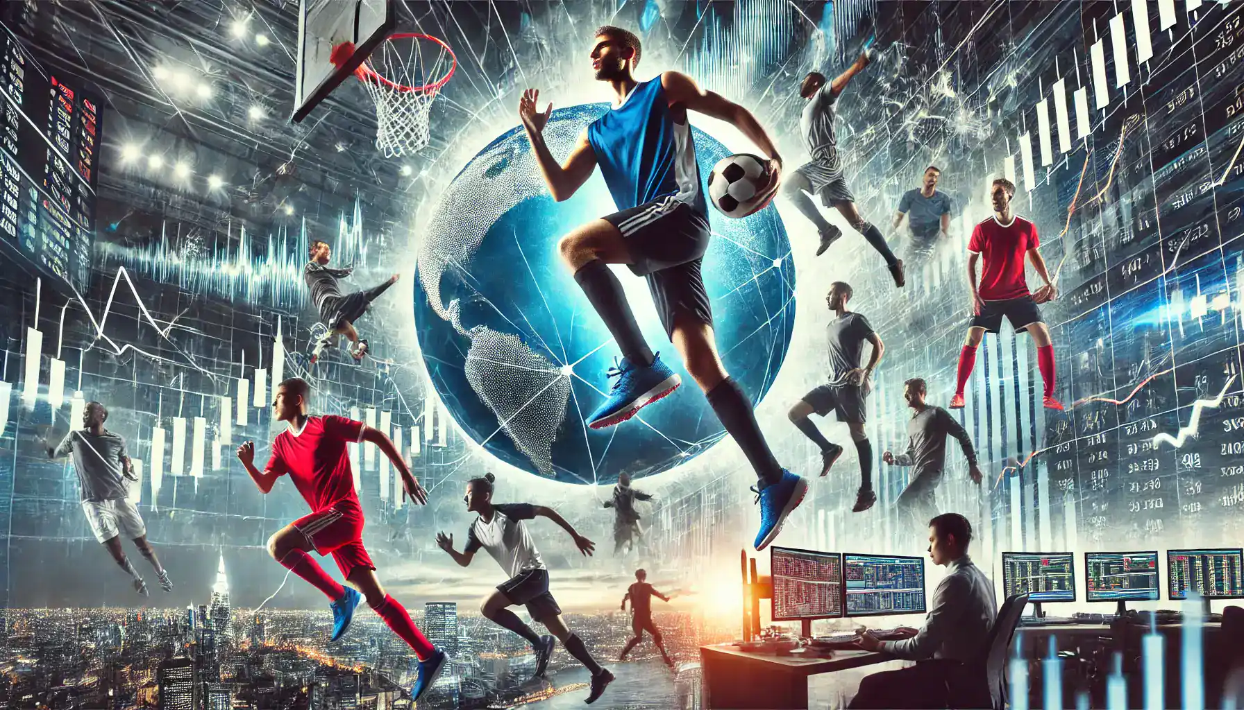 Futuristic sports analytics with digital data and global sports figures.