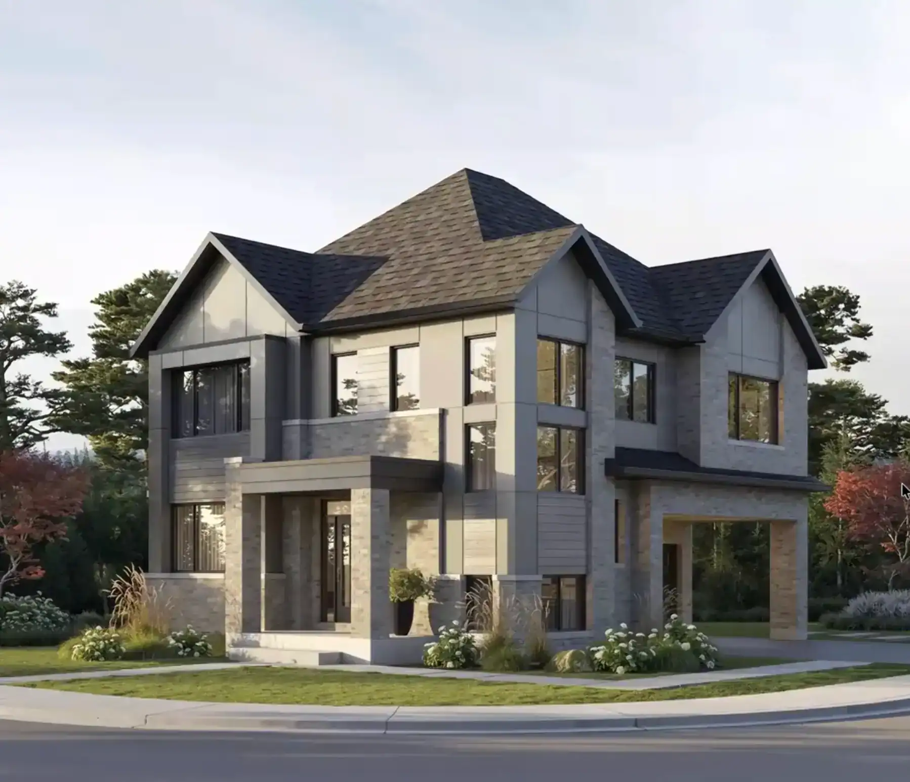 Modern two-story detached home in Riverview South Oakville featuring a grey stone and panel exterior, multiple gabled rooflines, and a covered front porch.