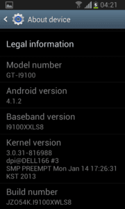 Jelly Bean "about" screen on Samsung Galaxy S II