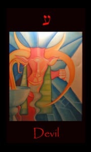 The Goat God Cometh, Tarot Dark Lord Tarot Devil, Sun in Capricorn from Tarot of the Morning Star. In this depiction of the Dark Lord,Tarot Devil from Tarot of the Morning Star, we observe the central figure displaying the personality required for facing adversity, a sense of humor, the dark lord meaning in tarot,