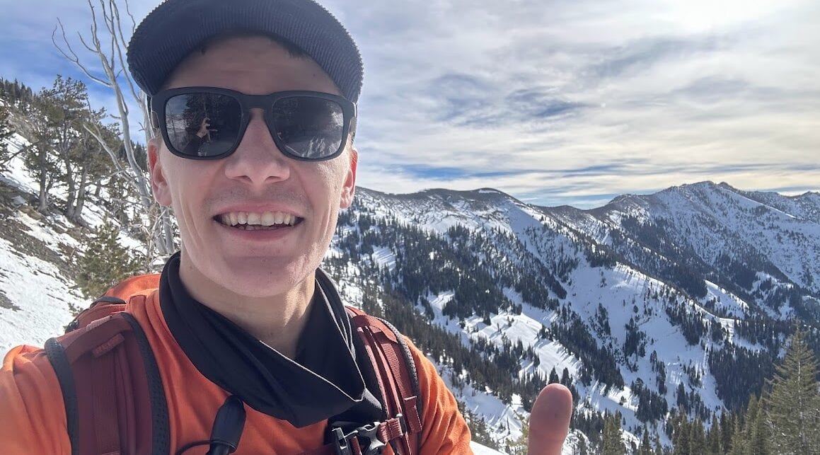 Selfie hiking in snowy forest