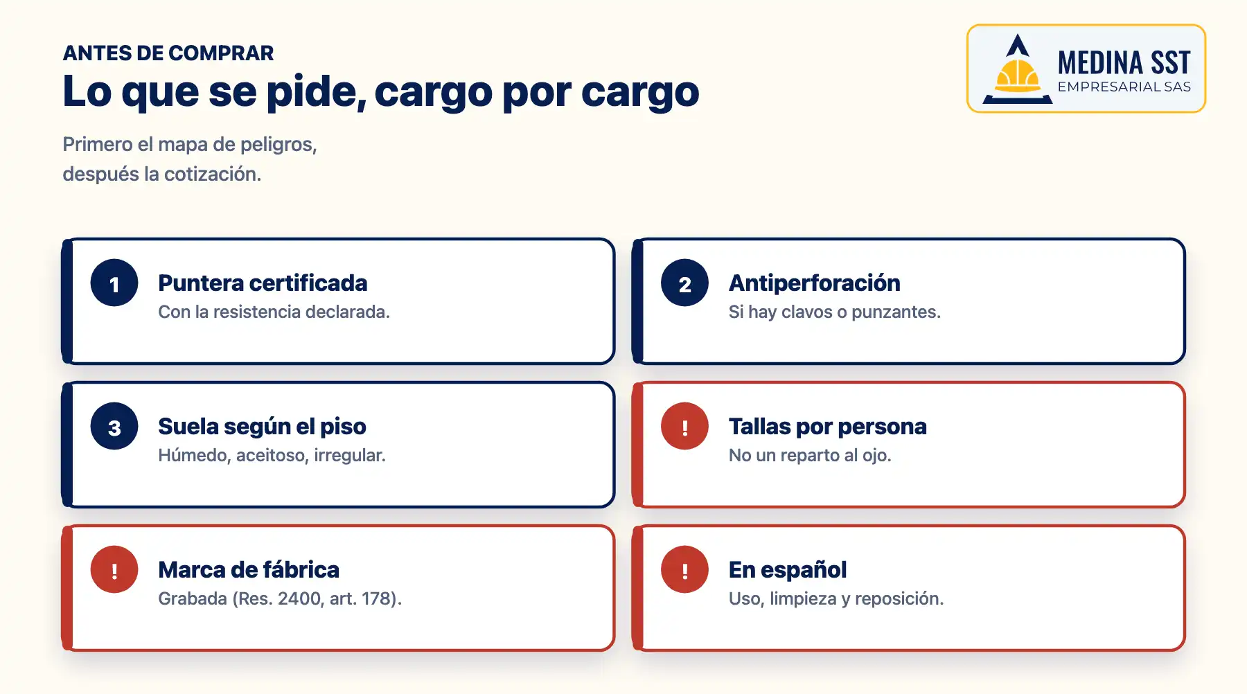 Qué pedirle al proveedor de botas con puntera de seguridad: resistencia certificada de la puntera, suela antiperforación si hay clavos, suela según el piso, tallas por trabajador, marca de fábrica grabada e instrucciones en español