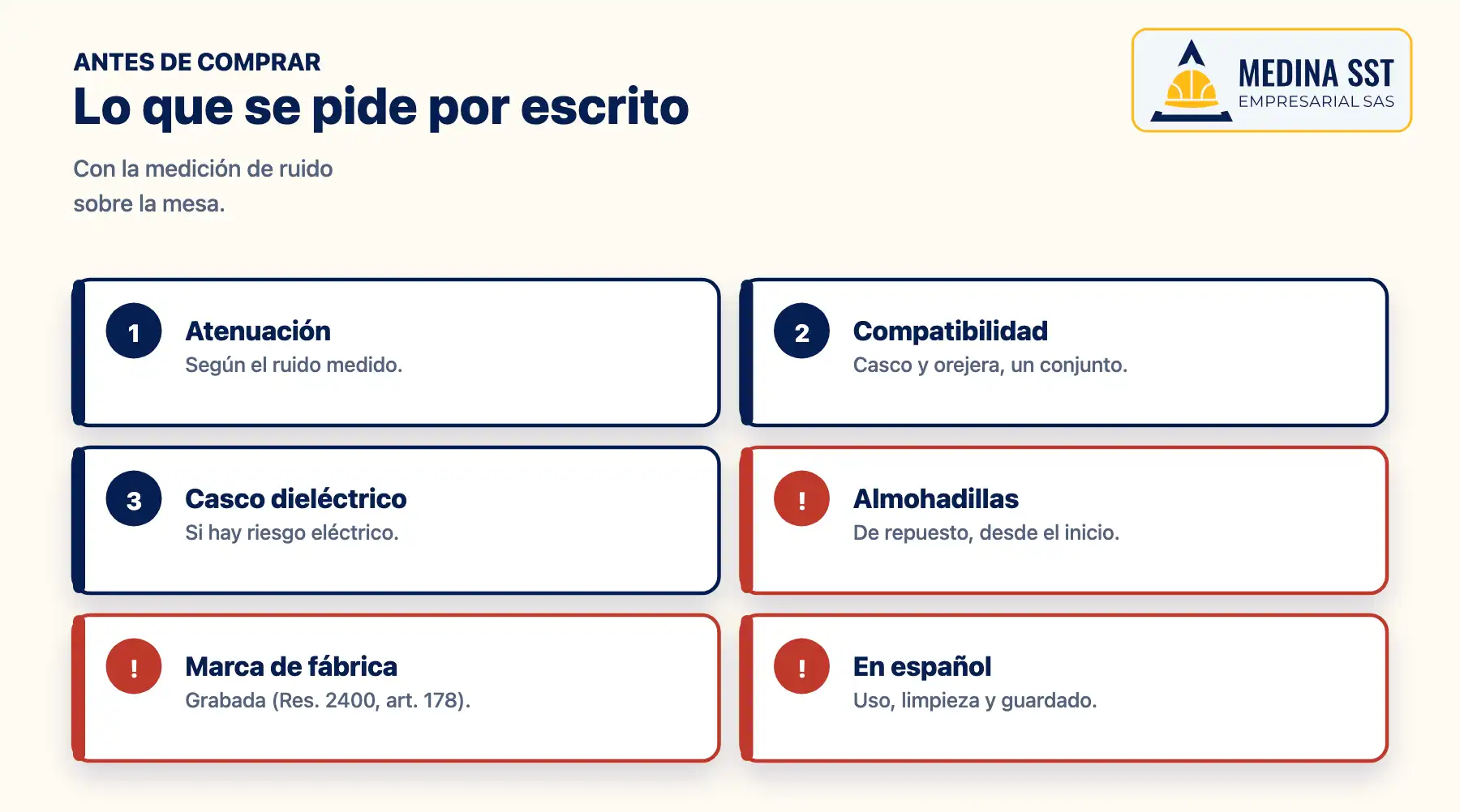 Qué pedirle al proveedor de cascos con protección auditiva: atenuación declarada según la medición de ruido, compatibilidad entre casco y orejera, casco dieléctrico si hay riesgo eléctrico, almohadillas de repuesto, marca de fábrica e instrucciones en español