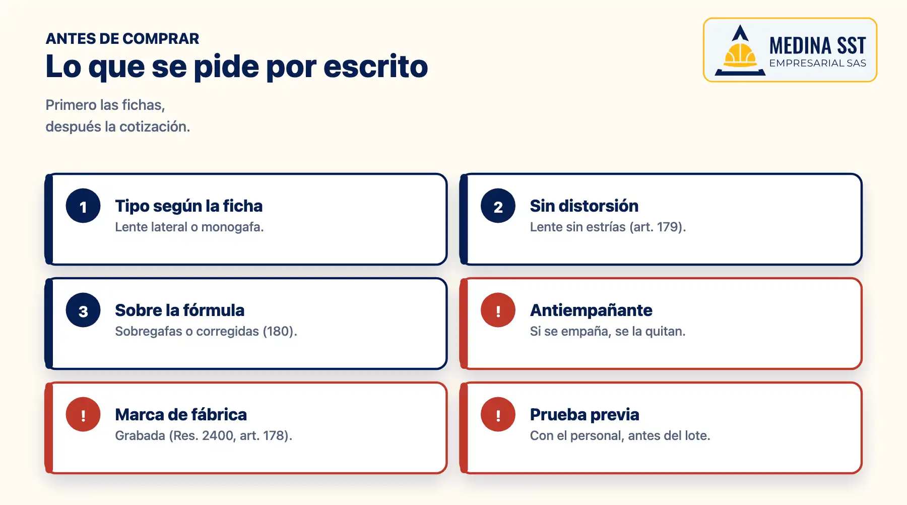 Qué pedirle al proveedor de gafas de seguridad de laboratorio: tipo de gafa según la ficha de datos de seguridad, protección lateral o monogafa cerrada, lente sin distorsión, compatibles con anteojos formulados, tratamiento antiempañante y marca de fábrica grabada