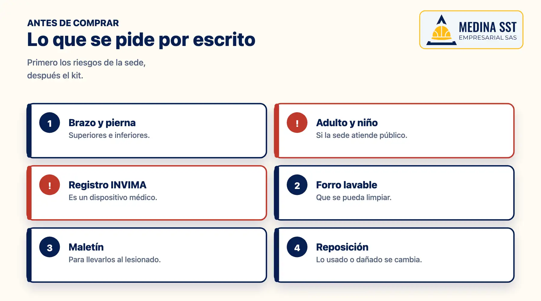Qué pedirle al proveedor de inmovilizadores de extremidades: férulas para miembros superiores e inferiores, tallas de adulto y de niño si entra público, registro sanitario del INVIMA, forro lavable, maletín para llevarlos y reposición de lo que se use o se dañe
