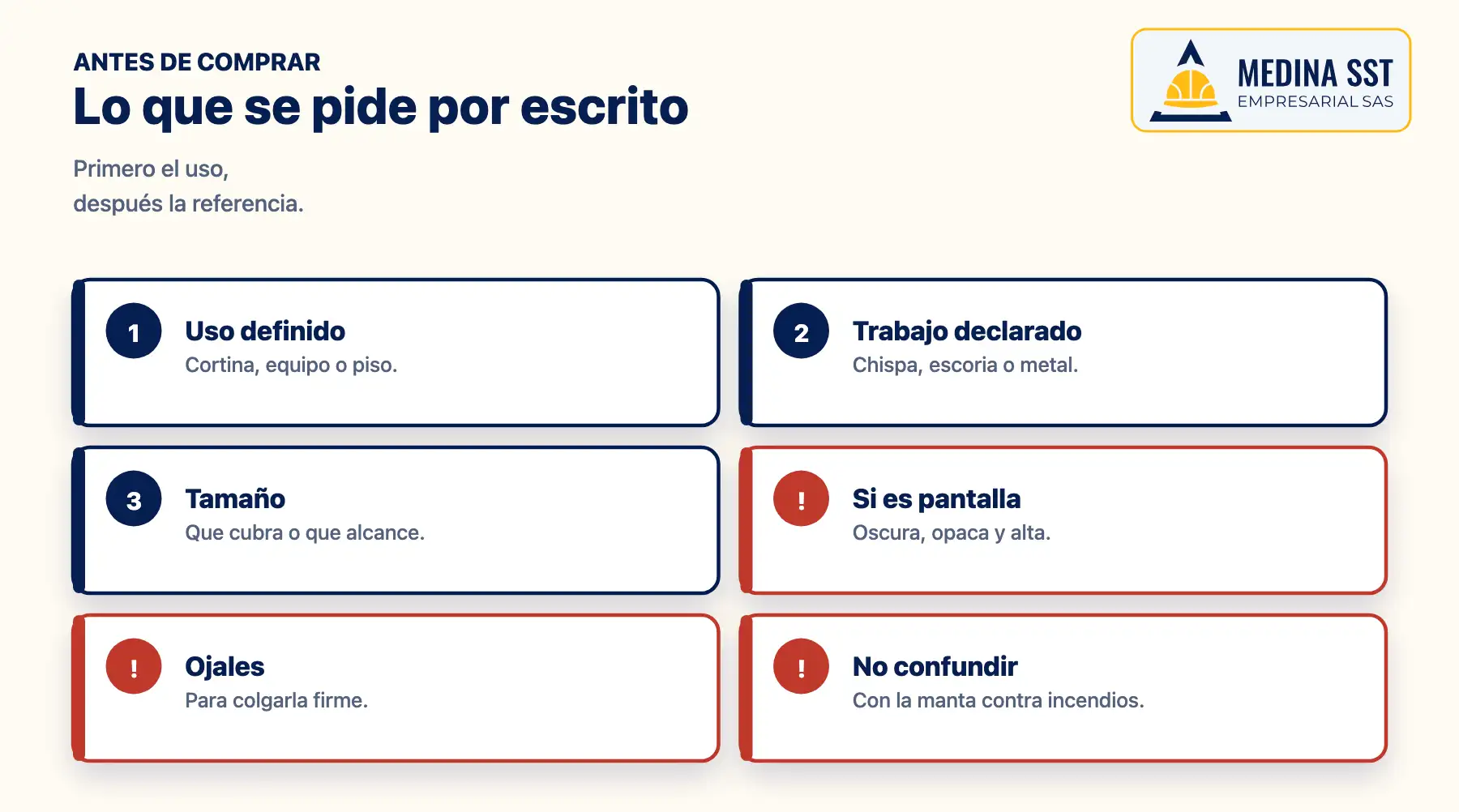 Qué pedirle al proveedor de mantas ignífugas para soldadura: uso definido, temperatura y tipo de trabajo que declara el fabricante, color oscuro y opaco si es pantalla, tamaño y altura suficientes, ojales para colgarla y diferencia con la manta contra incendios
