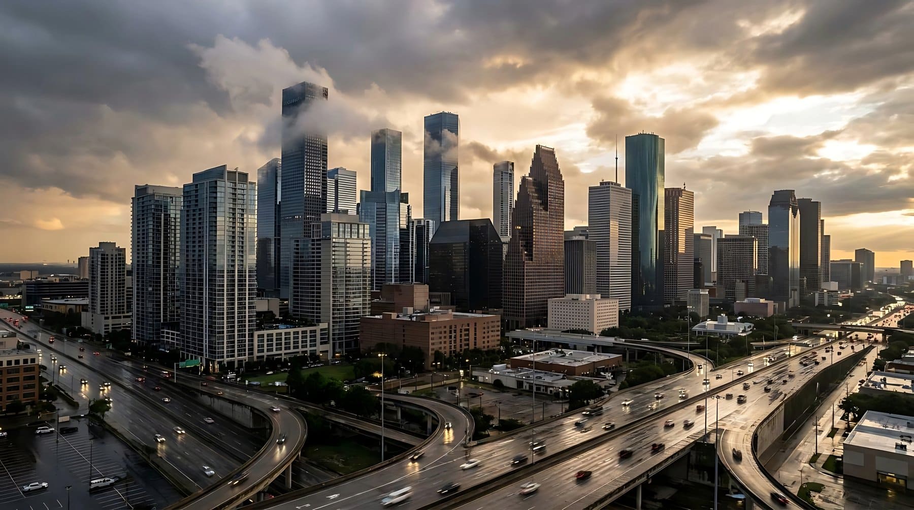 Downtown Houston skyline at dusk above a freeway interchange