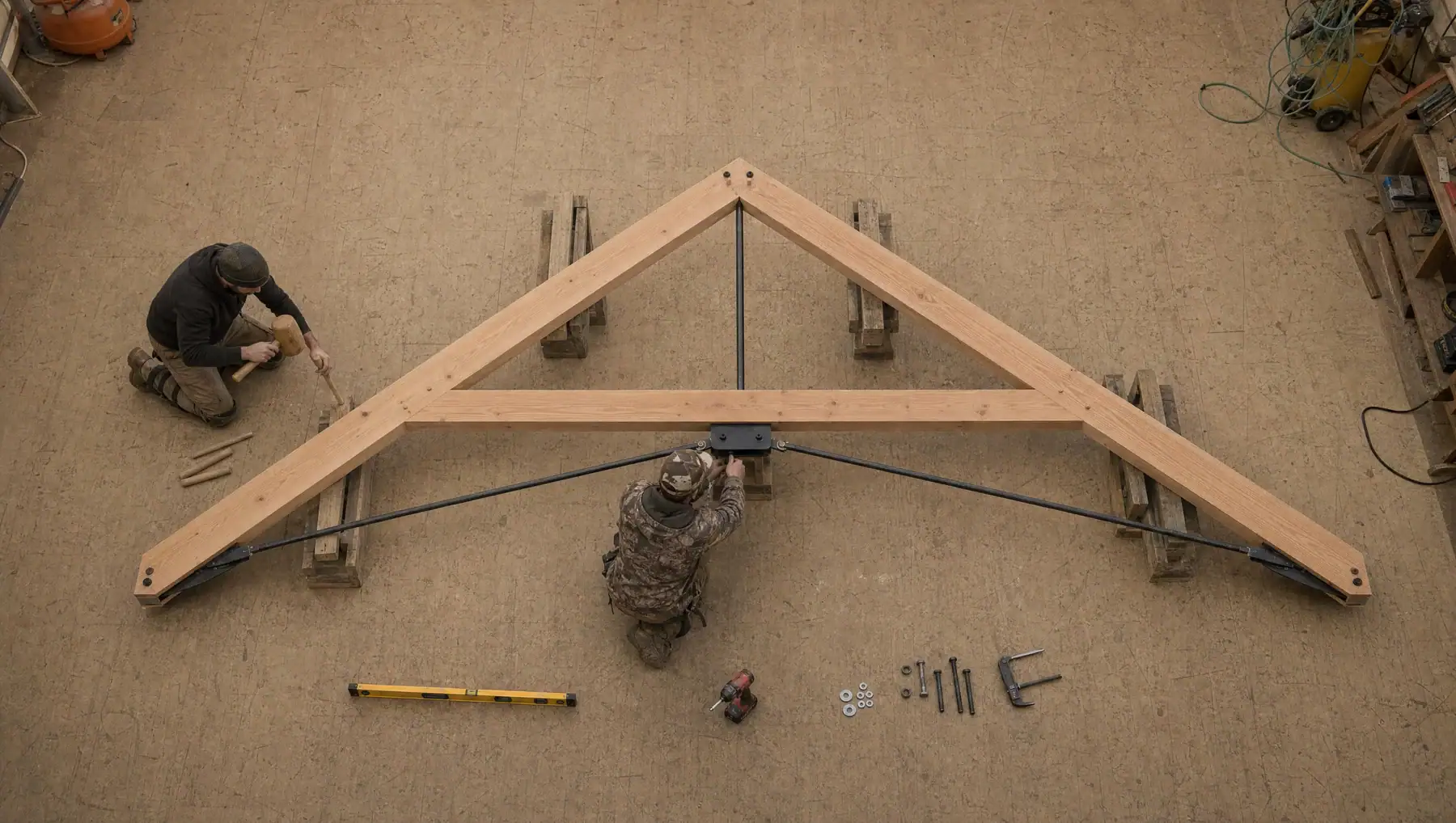 AI-assisted illustration of a timber-and-steel truss being assembled on shop cribbing