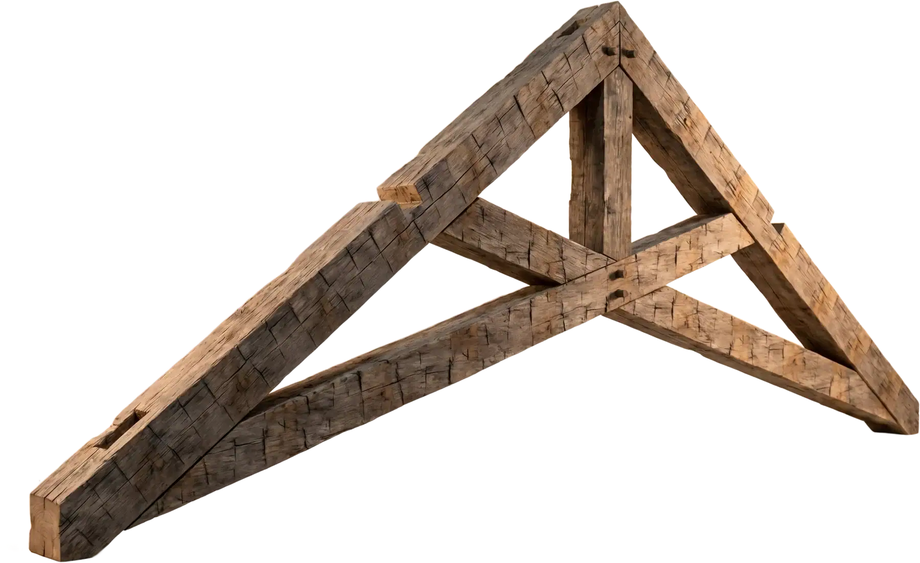 Complete hand-hewn scissor truss with visible joinery, isolated without a background