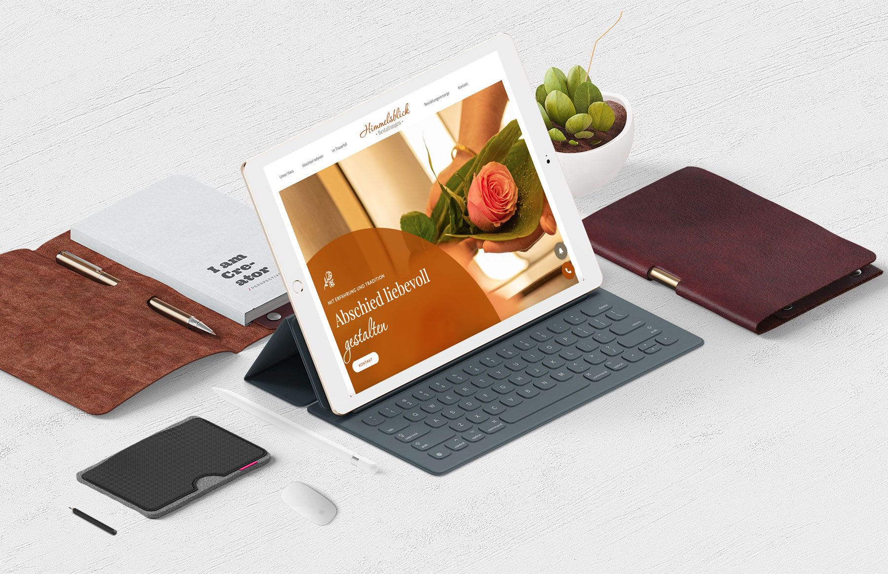 Responsive Website eines Bestattungshauses wird auf einem stehenden Tablet dargestellt