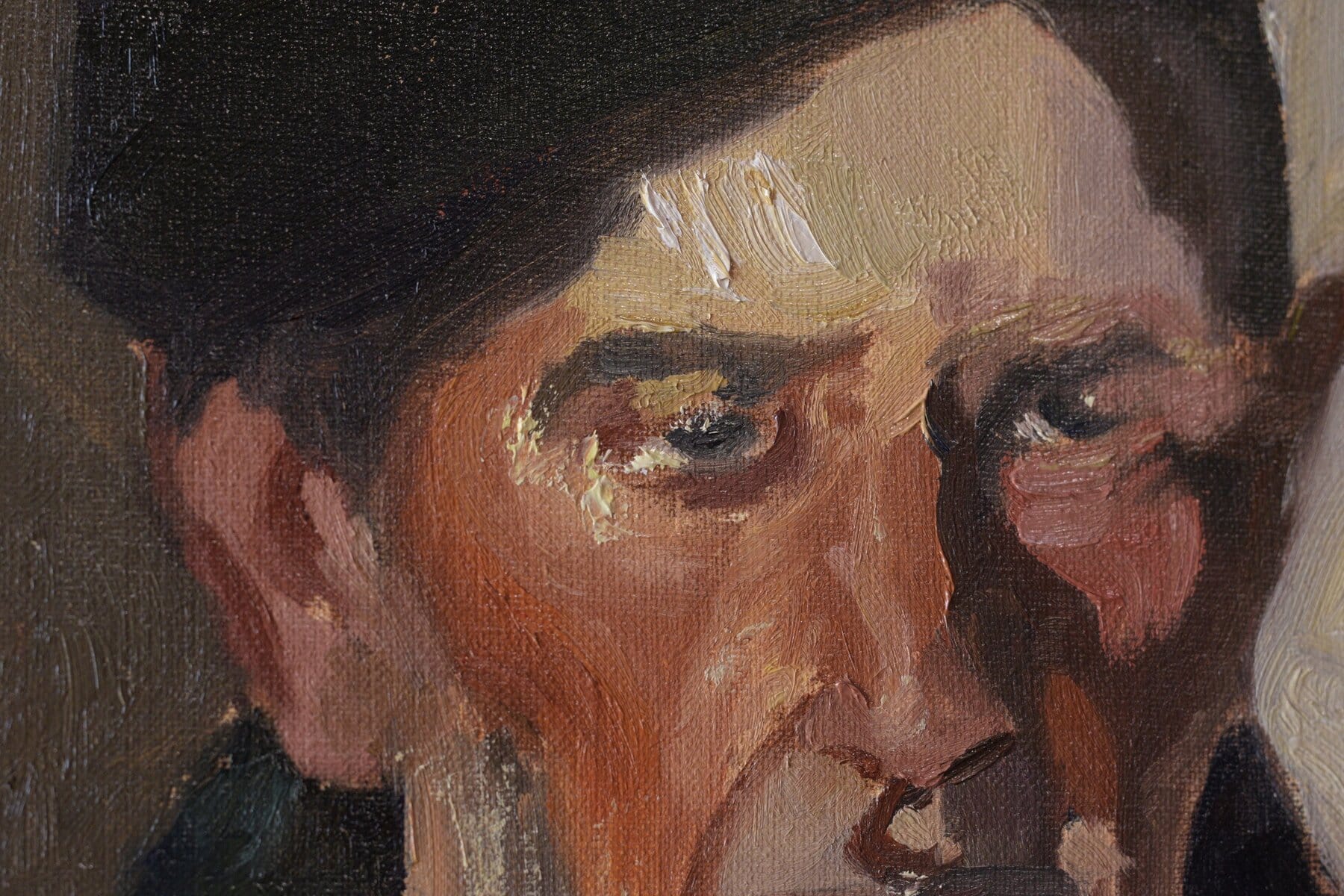 Eyes and forehead brushwork detail from a Bebedor Vasco master study