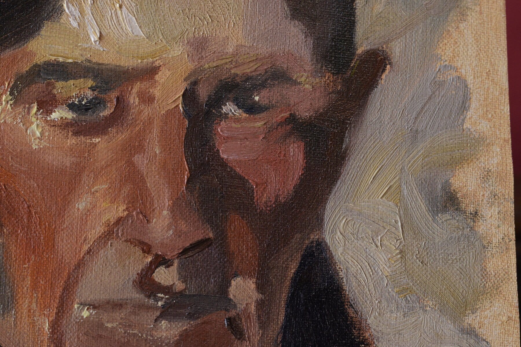 Expressive face and beret detail in an oil painting study after Joaquín Sorolla