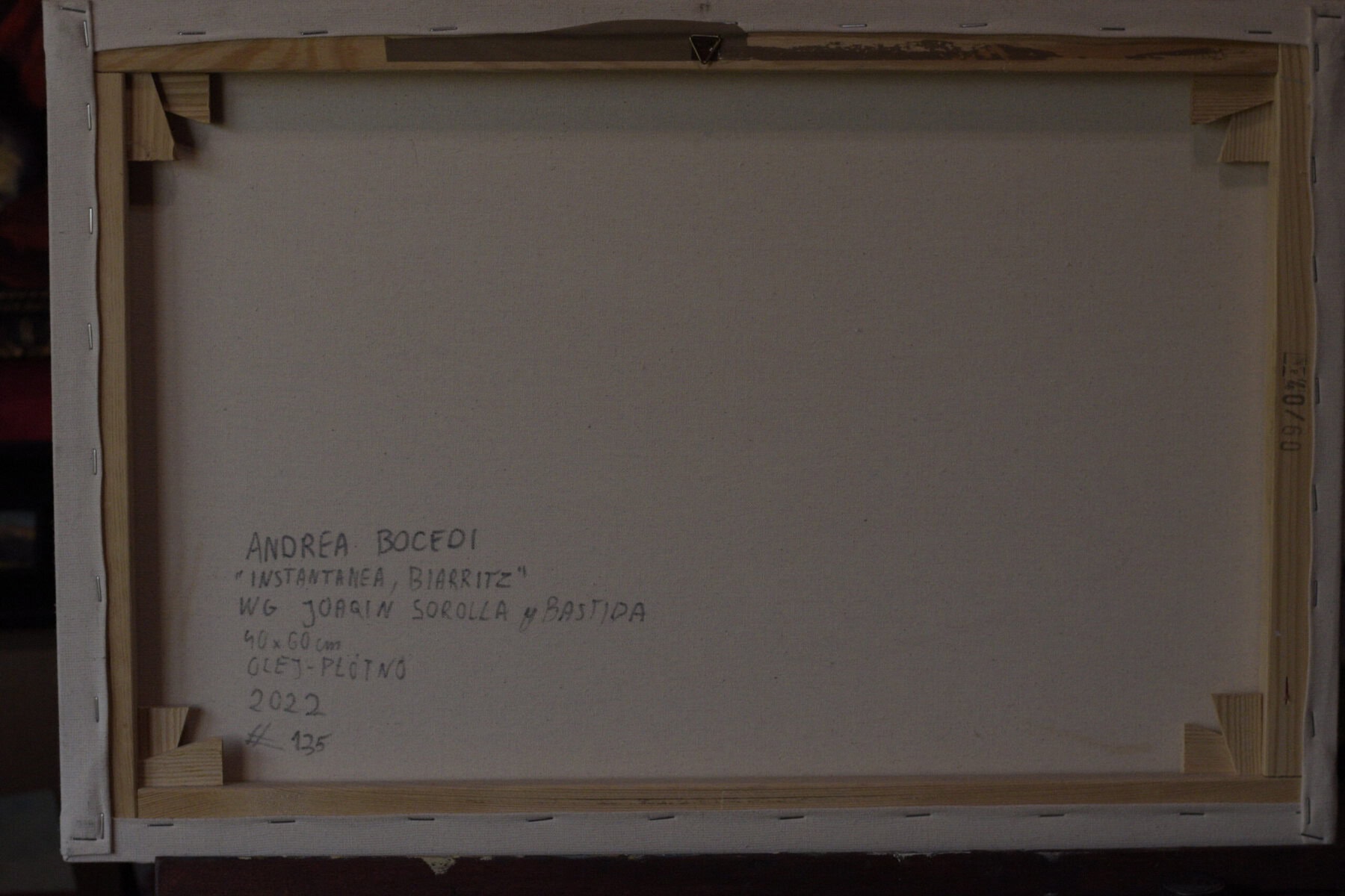 Signed reverse of the Instantánea, Biarritz oil study by Andrea Bocedi