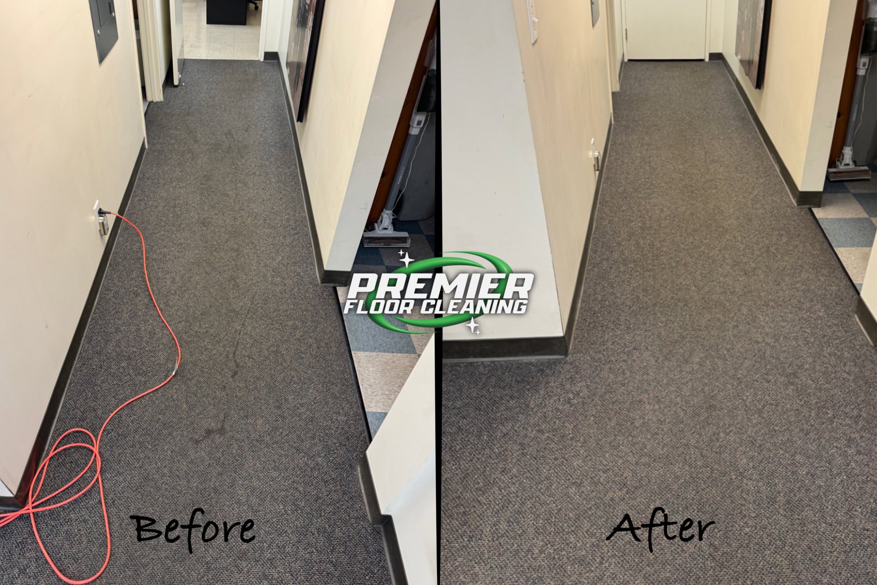Before and after comparison of commercial carpet using low-moisture method.