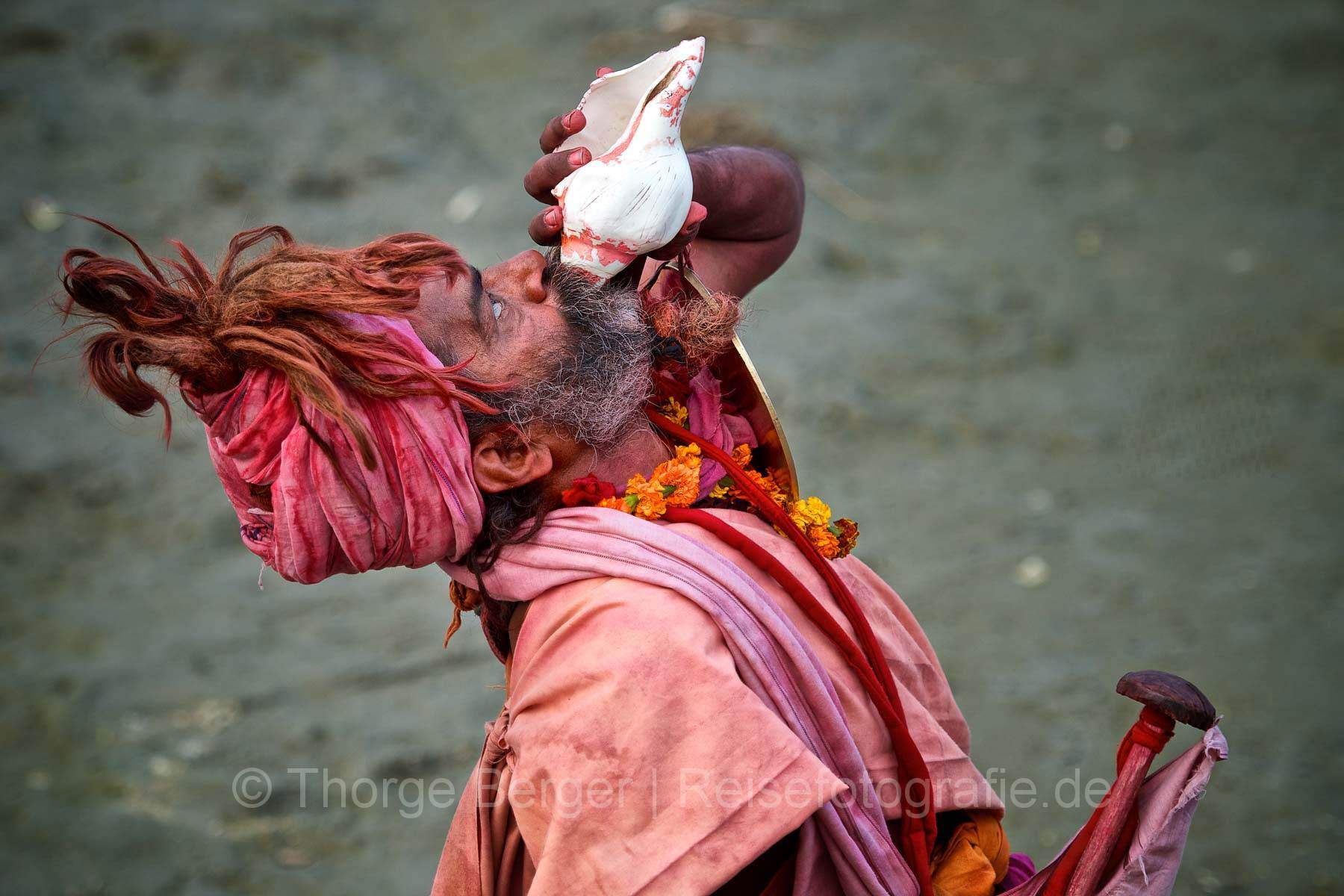 Sadhu bläst auf Muschel -  Kumbh Mela in Allhabad 2013