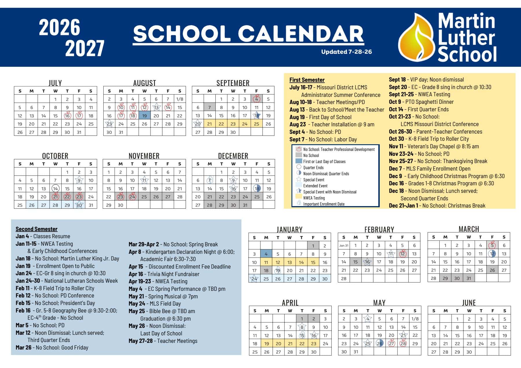 School calendar Joplin MO — Martin Luther School 2026-27 academic calendar showing all school dates, holidays, and events