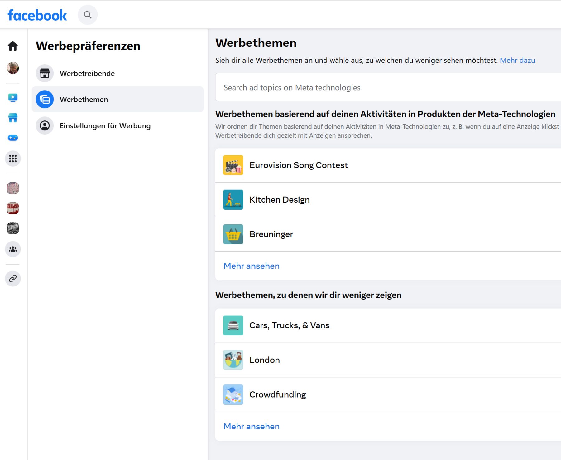 Hier gibt es den Überblick über die persönlichen Werbethemen (Screenshot)