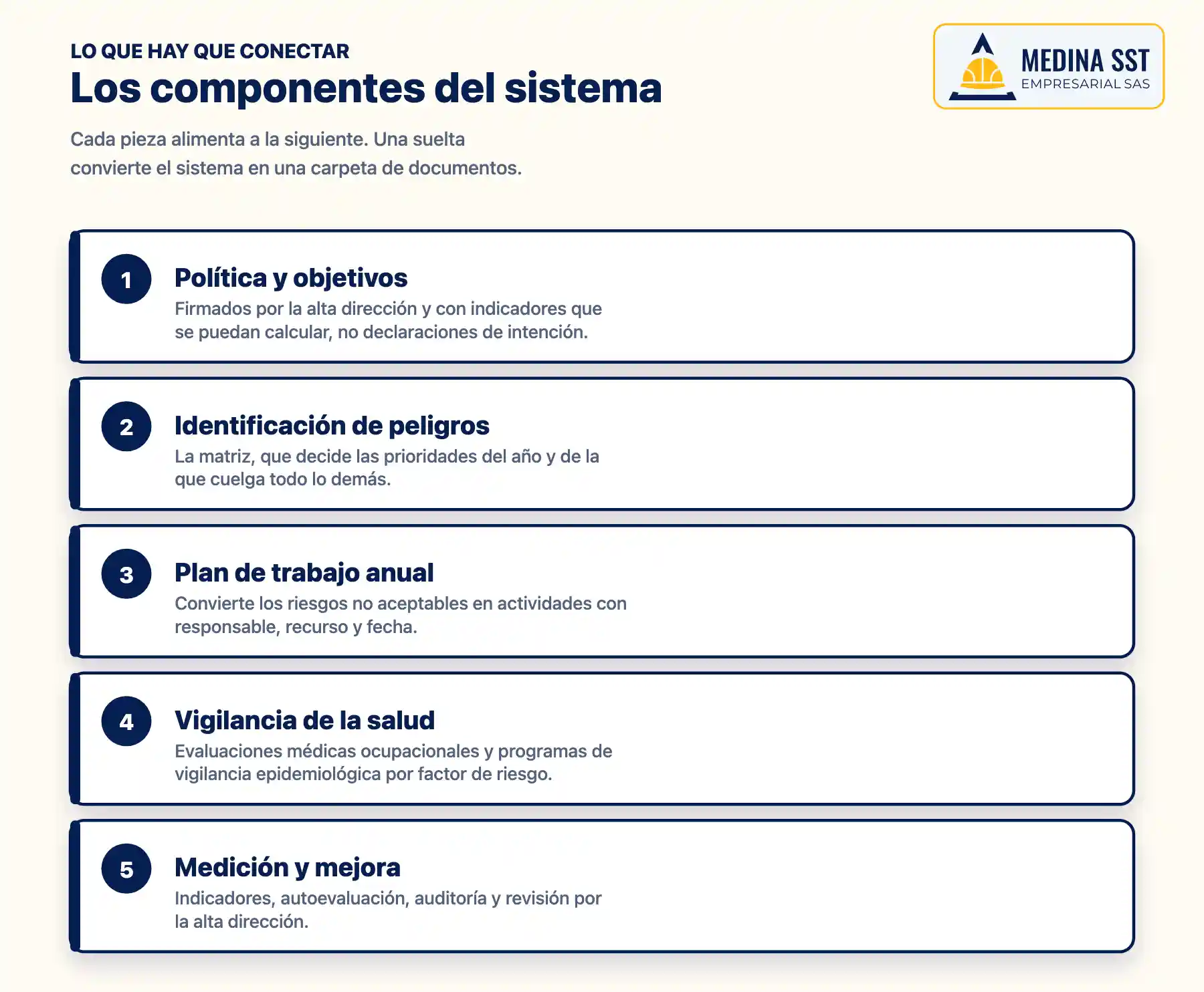 Diagrama de los cinco componentes que una empresa debe conectar en su Sistema de Gestión de Seguridad y Salud en el Trabajo