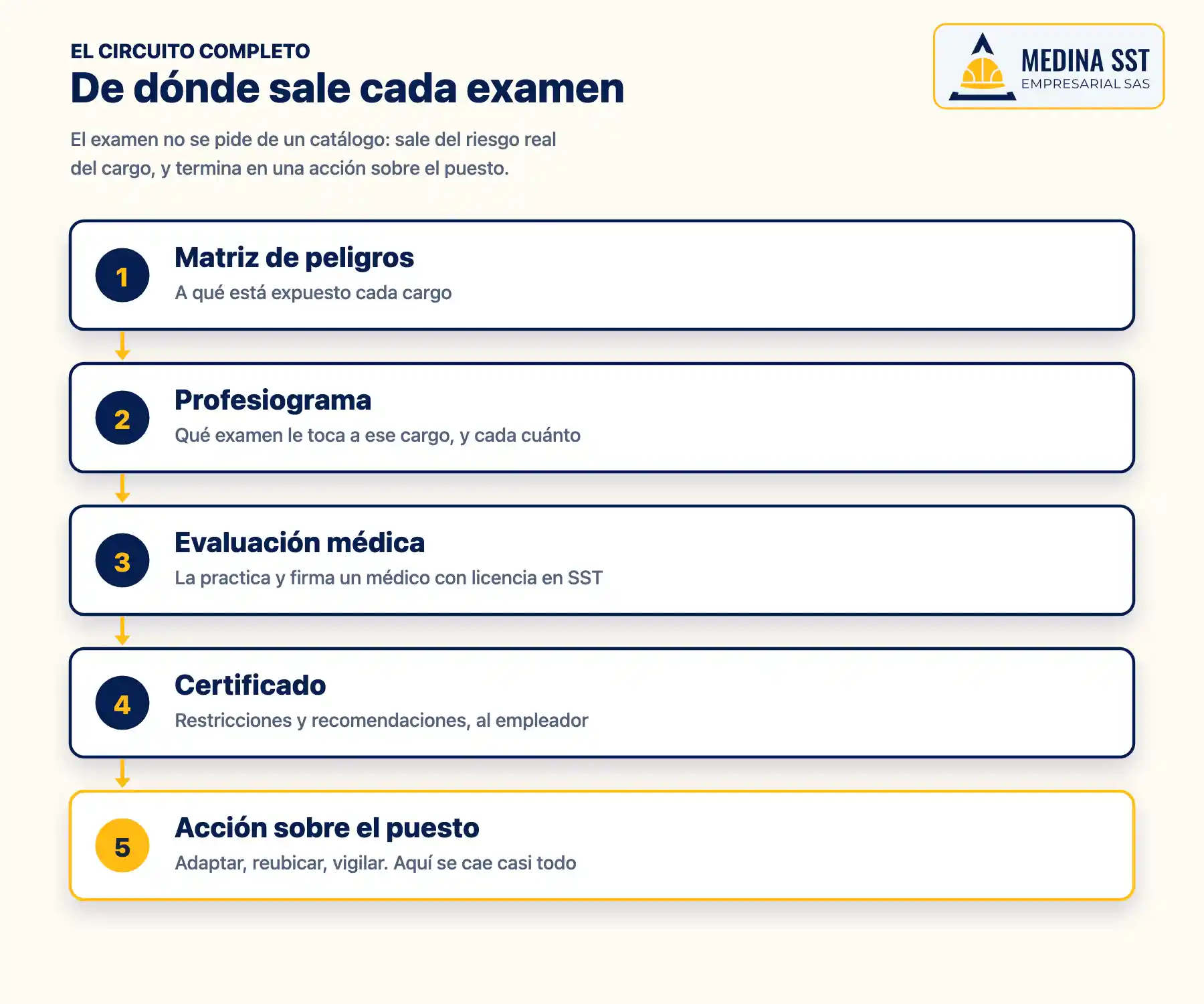 Circuito de la medicina laboral: de la matriz de peligros al profesiograma, a la evaluación médica, al certificado y a la acción sobre el puesto