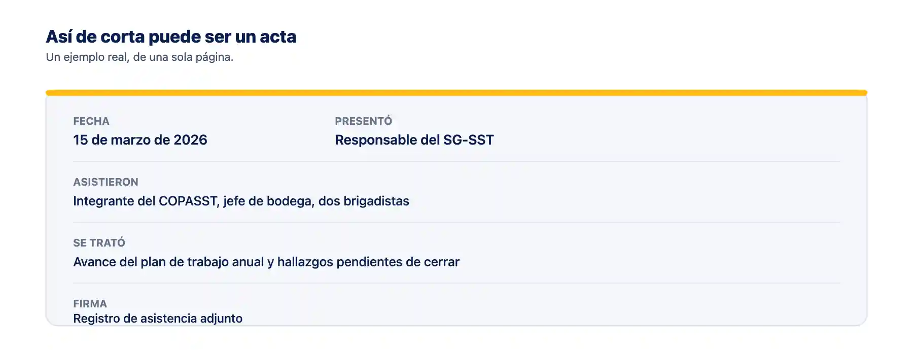 Ejemplo de acta de rendición de cuentas del SG-SST de una sola página, con fecha, quién presentó, quién asistió y el resumen de lo tratado