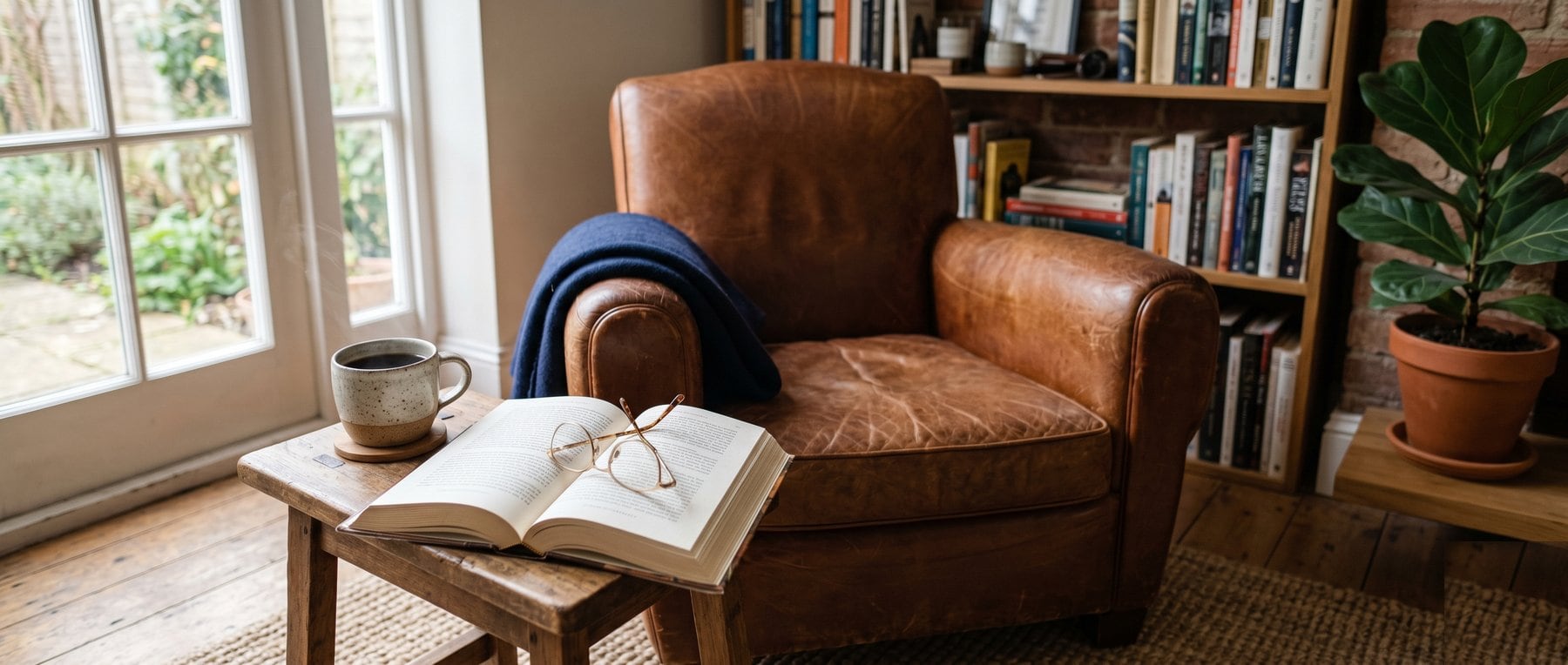 A quiet reading corner with a leather chair, coffee, and an open book