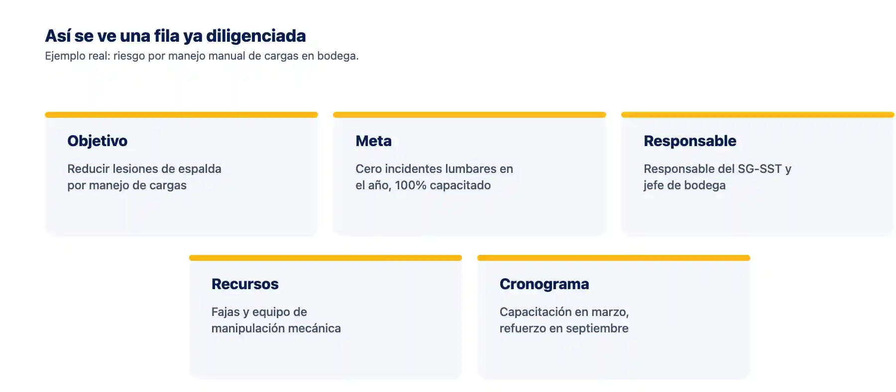 Una fila del Excel ya diligenciada: manejo de cargas Diagrama con una fila del Excel del plan de trabajo anual ya diligenciada para el riesgo de manejo manual de cargas