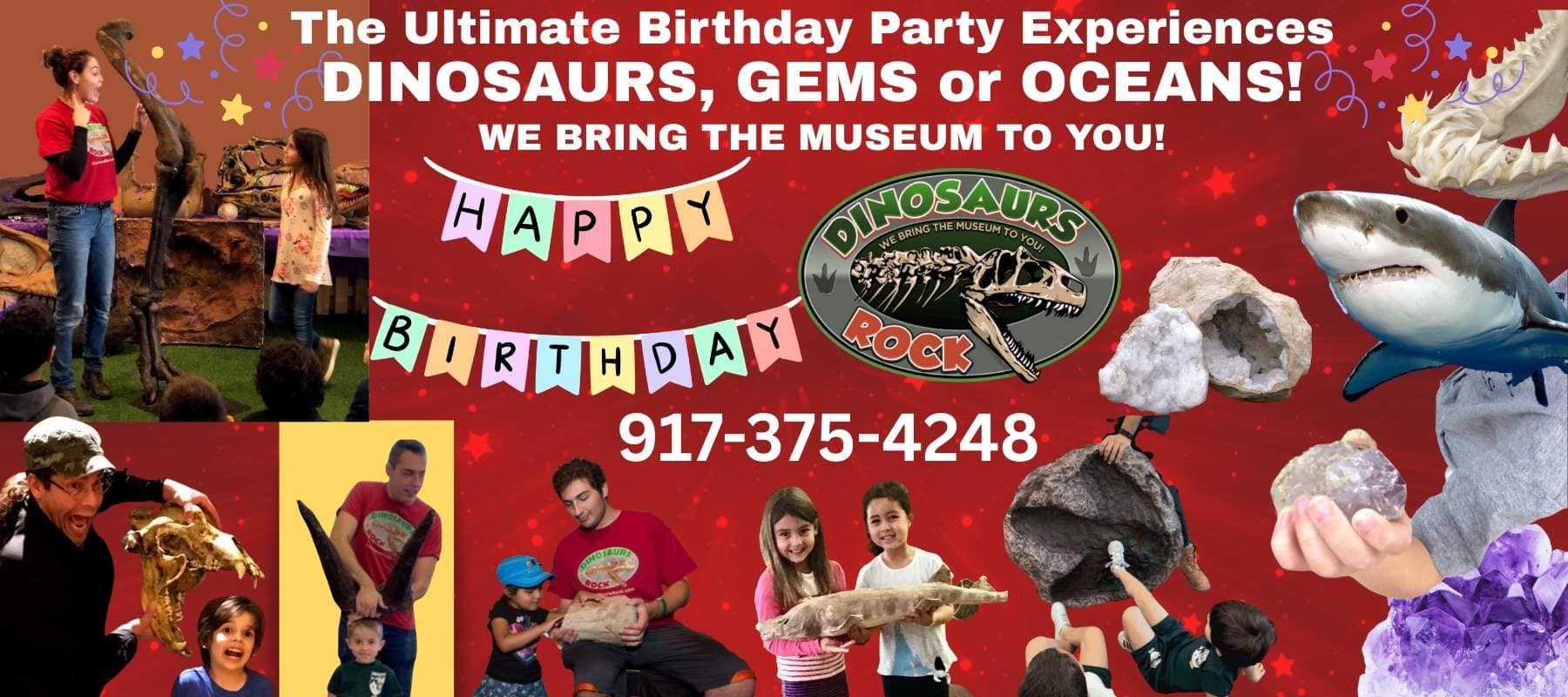 Dinosaurs Rock Birthday party Banner with Dinosaurs, Gems & Oceans. Instructors working with kids at parties