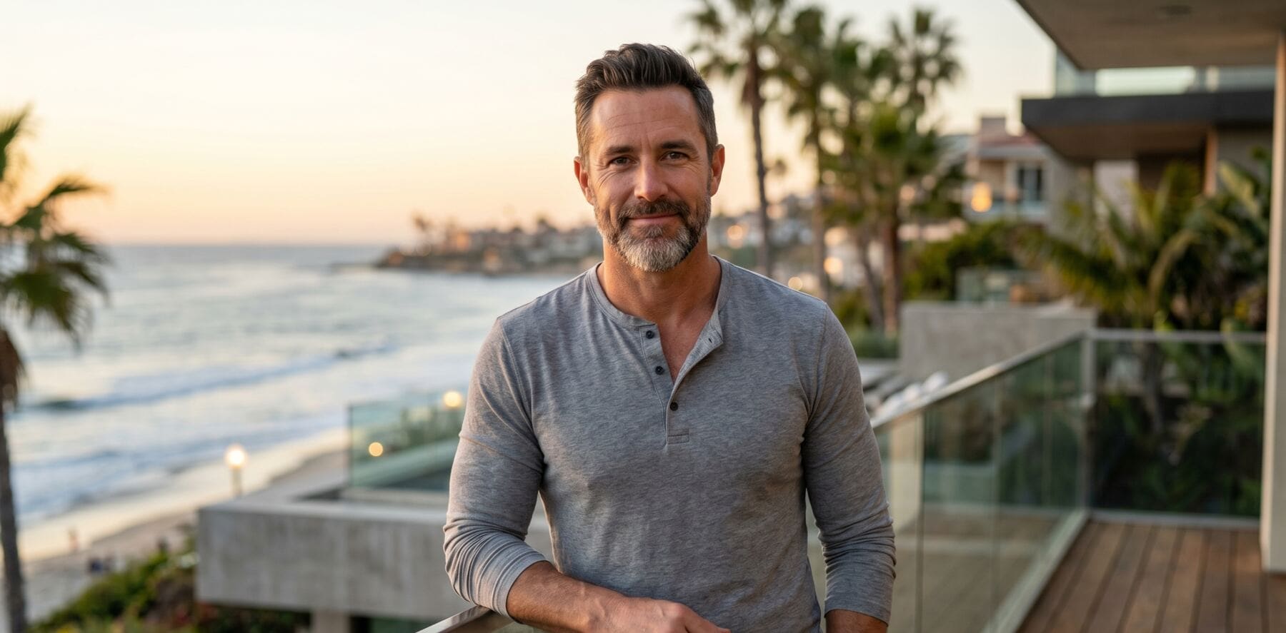 Confident, mature man at sunset on a coastal Florida balcony