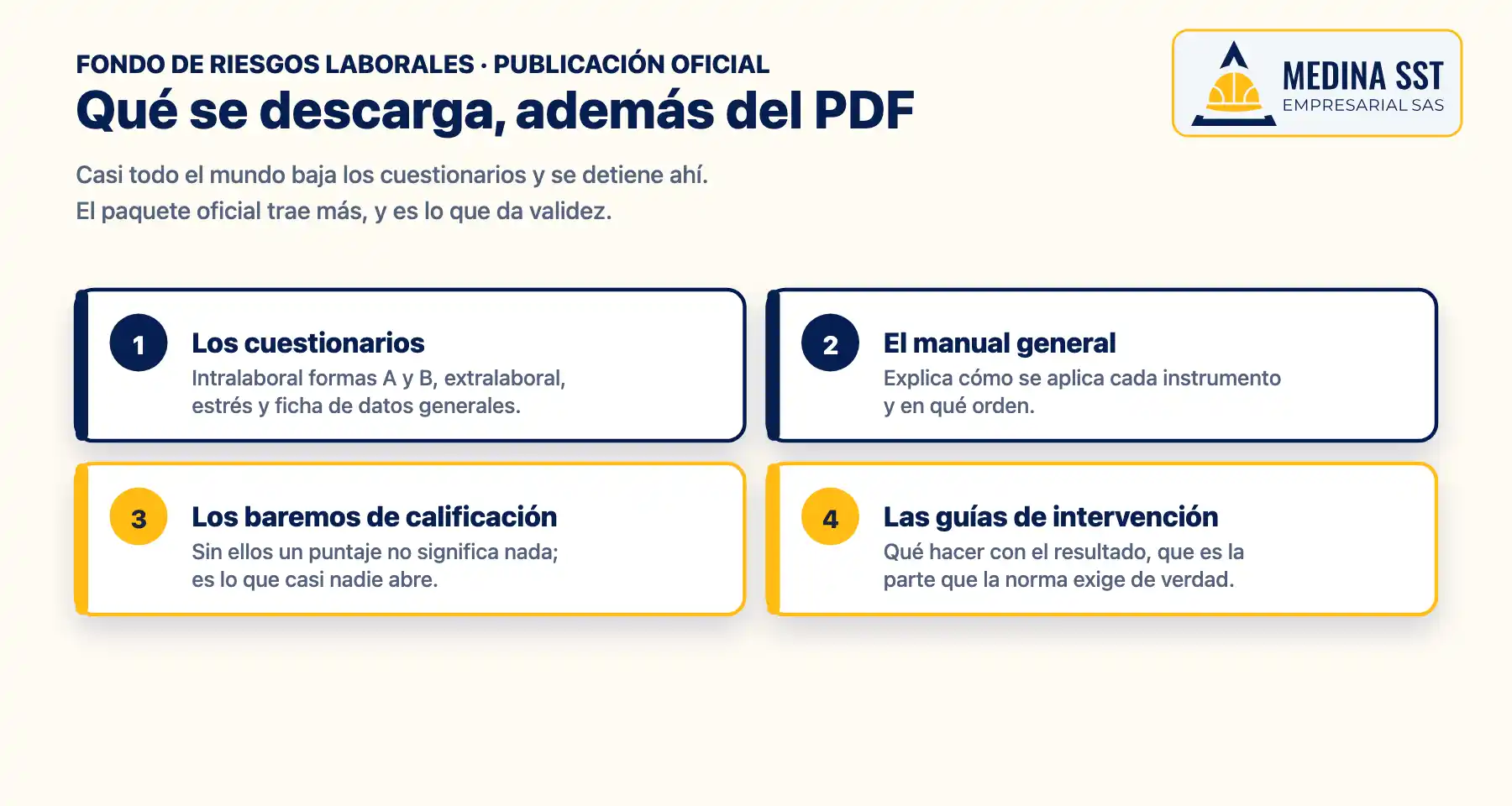 Qué se descarga, además del PDF Qué contiene la publicación oficial de la batería además de los cuestionarios: el manual general, los baremos de calificación y las guías de intervención