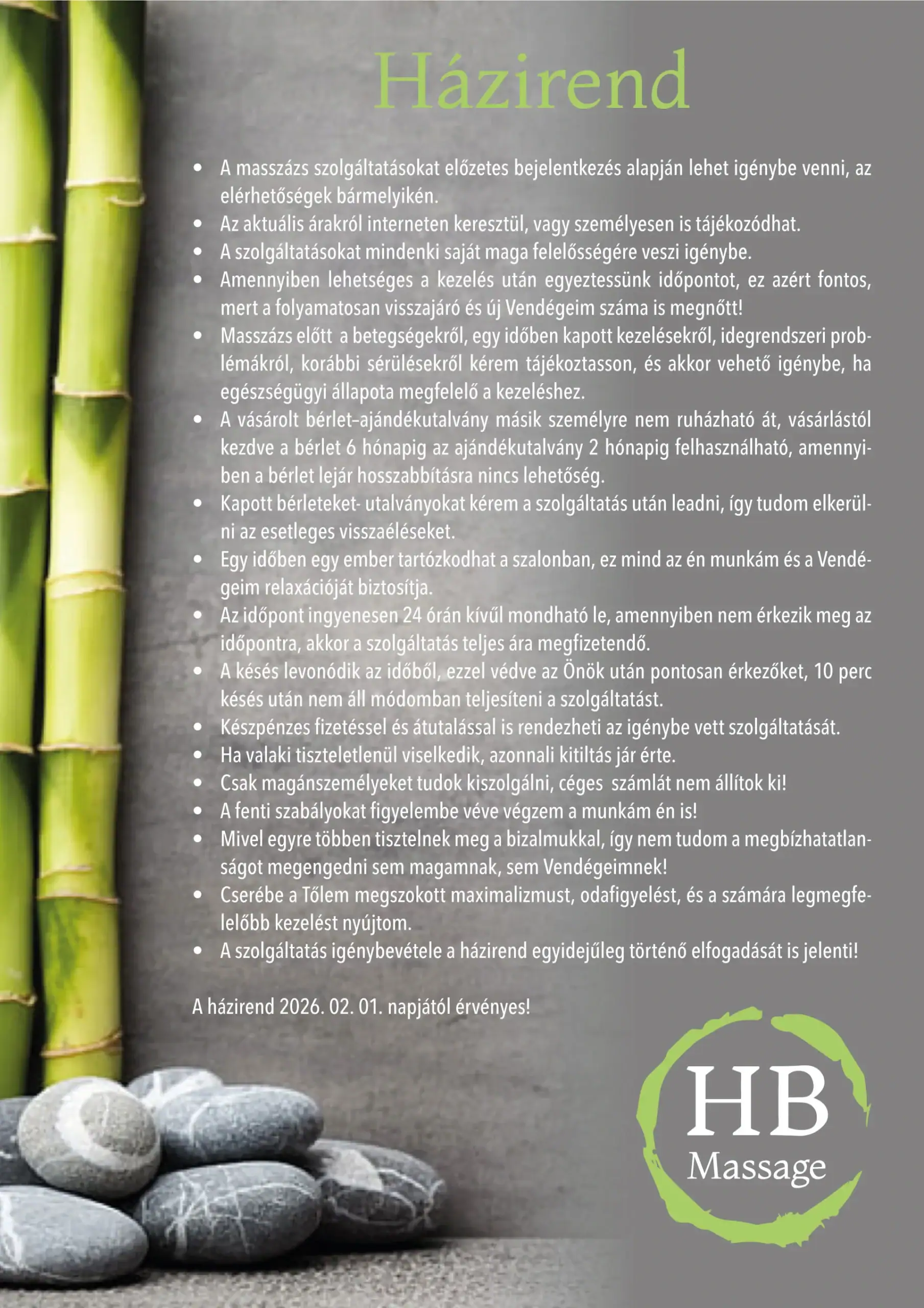 HB Masszázs Házirend