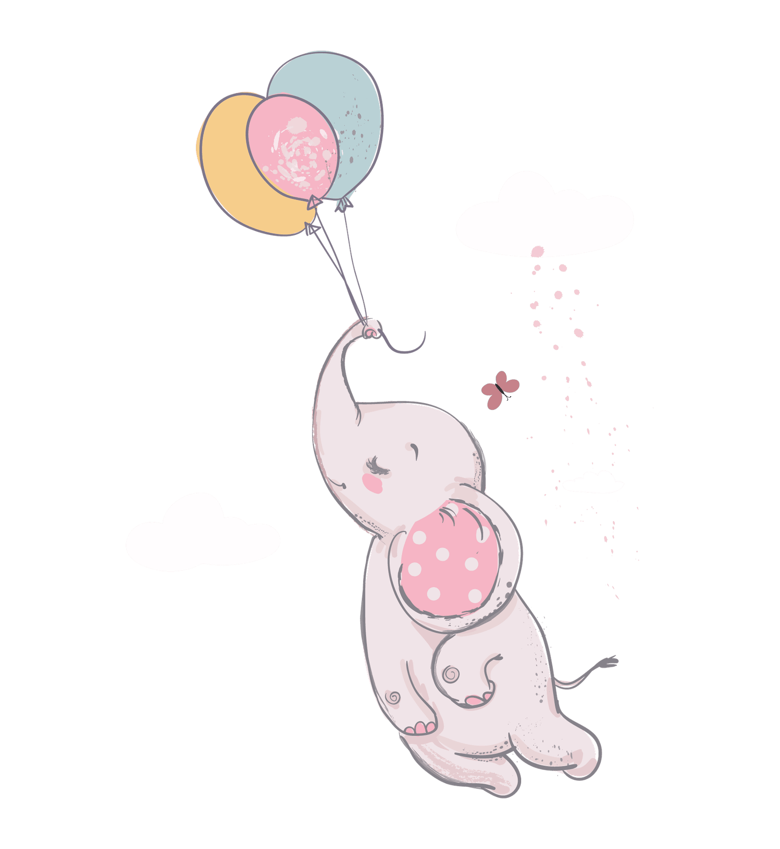 Cute elephant flying among clouds with colorful balloons