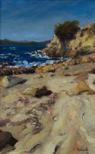 Rocky coastline at Rena Majore in Sardinia with blue sea and sunlit cliffs, original oil painting by Andrea Bocedi
