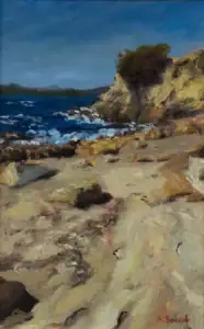 Rena Majore Sardinia oil painting of a sunlit rocky shoreline by Andrea Bocedi