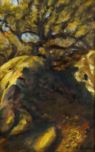 Golden sunlight filtering through trees and granite rocks at Monti Ruiu in Sardinia, painted with deep shadows and expressive brushwork.
