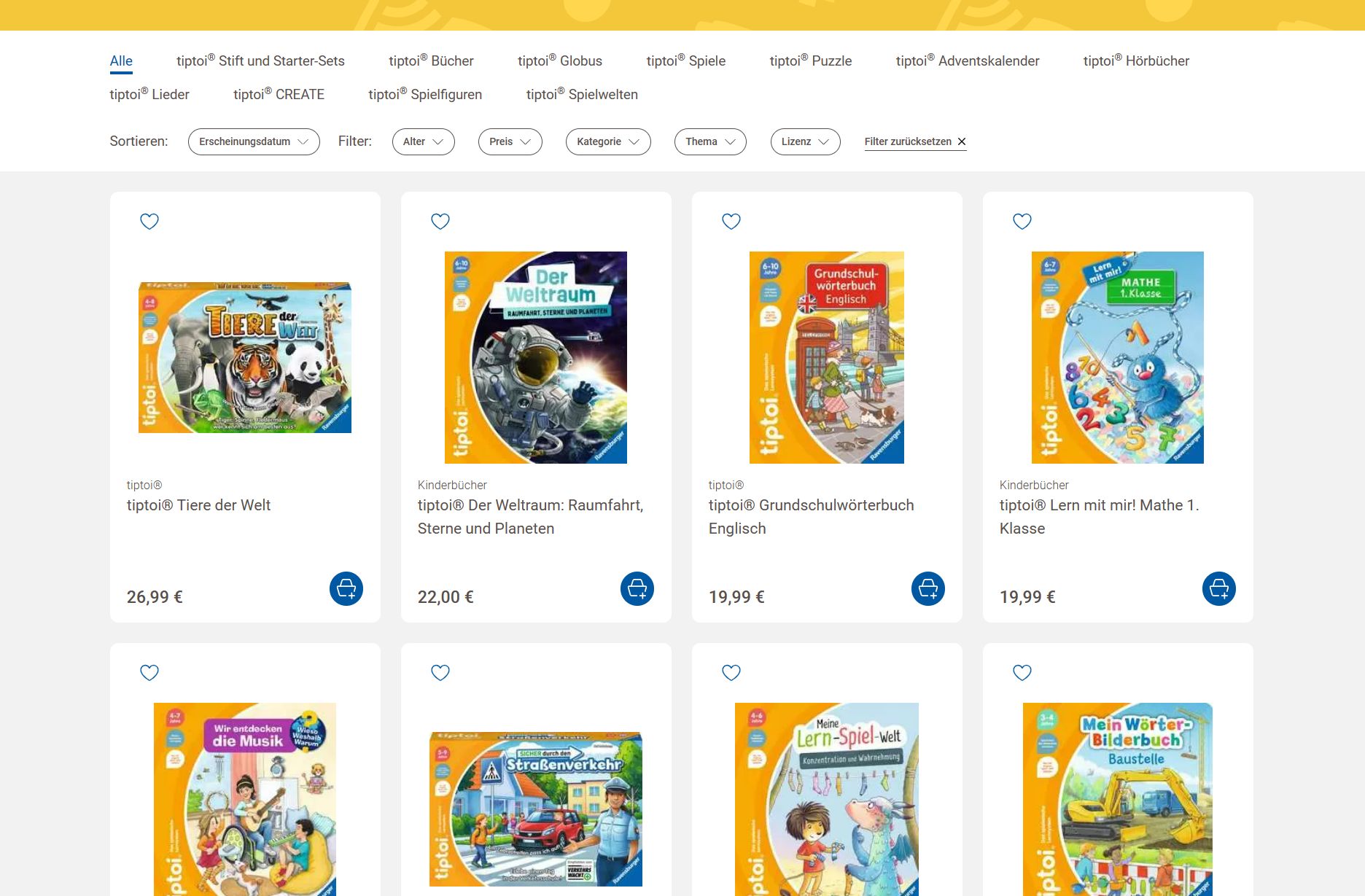 Das große Angebot an Tiptoi-Büchern (Screenshot Ravensburger)