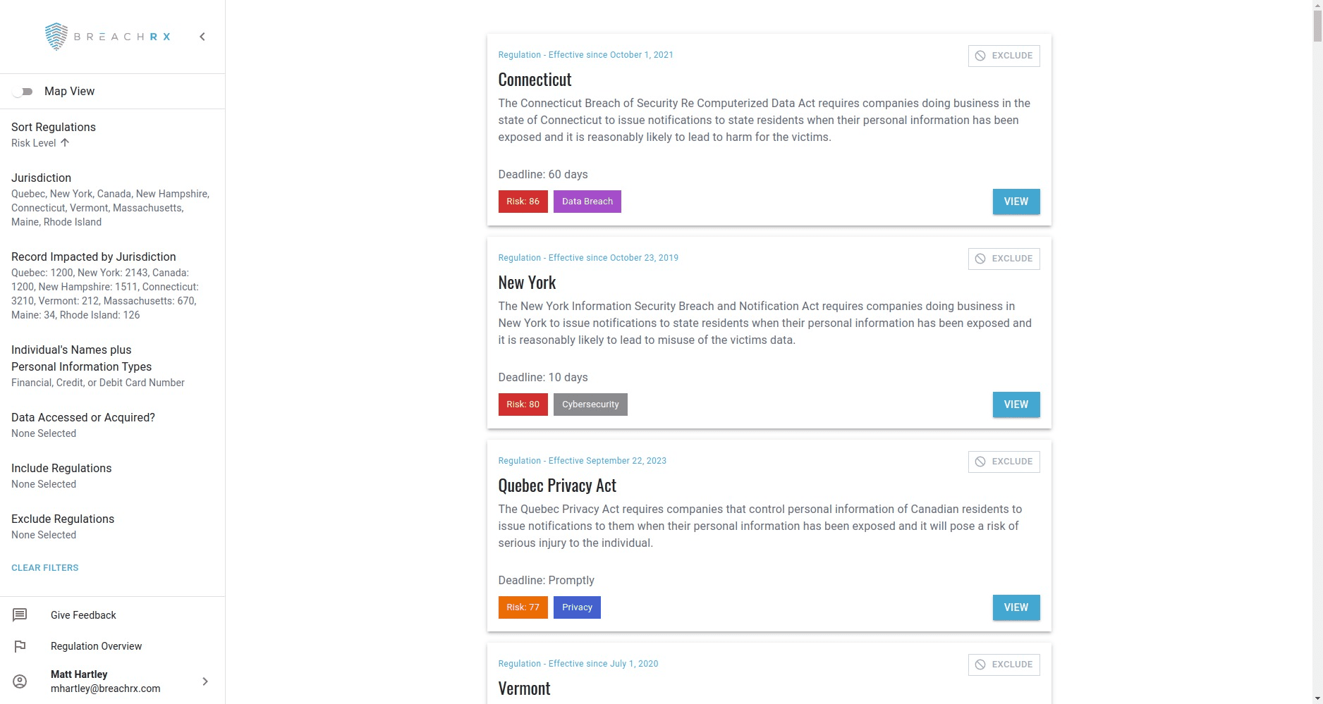 BreachRx Cyber RegScout Filtered Sorted Prioritized Regulations