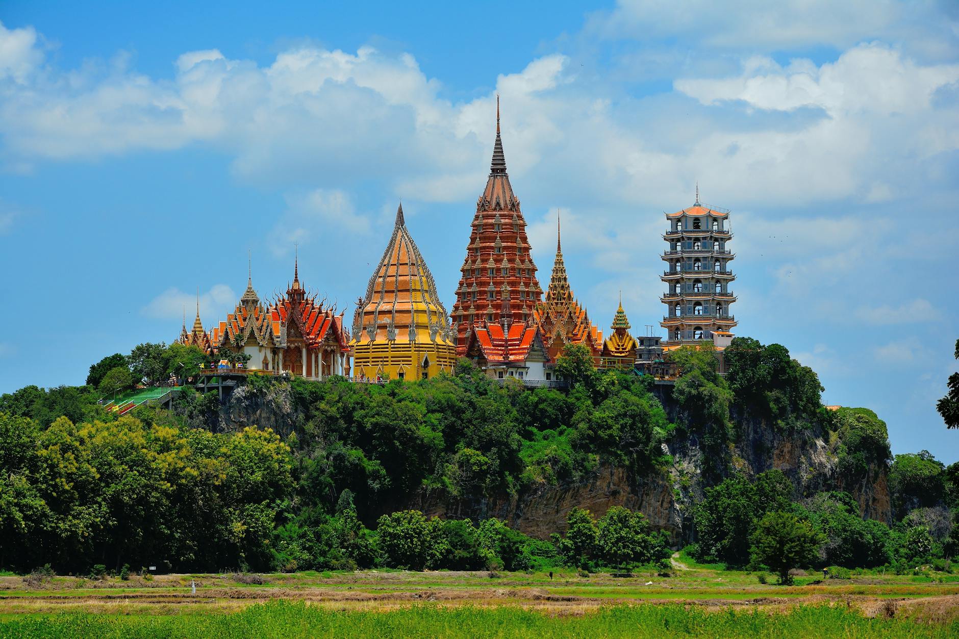 blue and beige pagoda tower beside forest