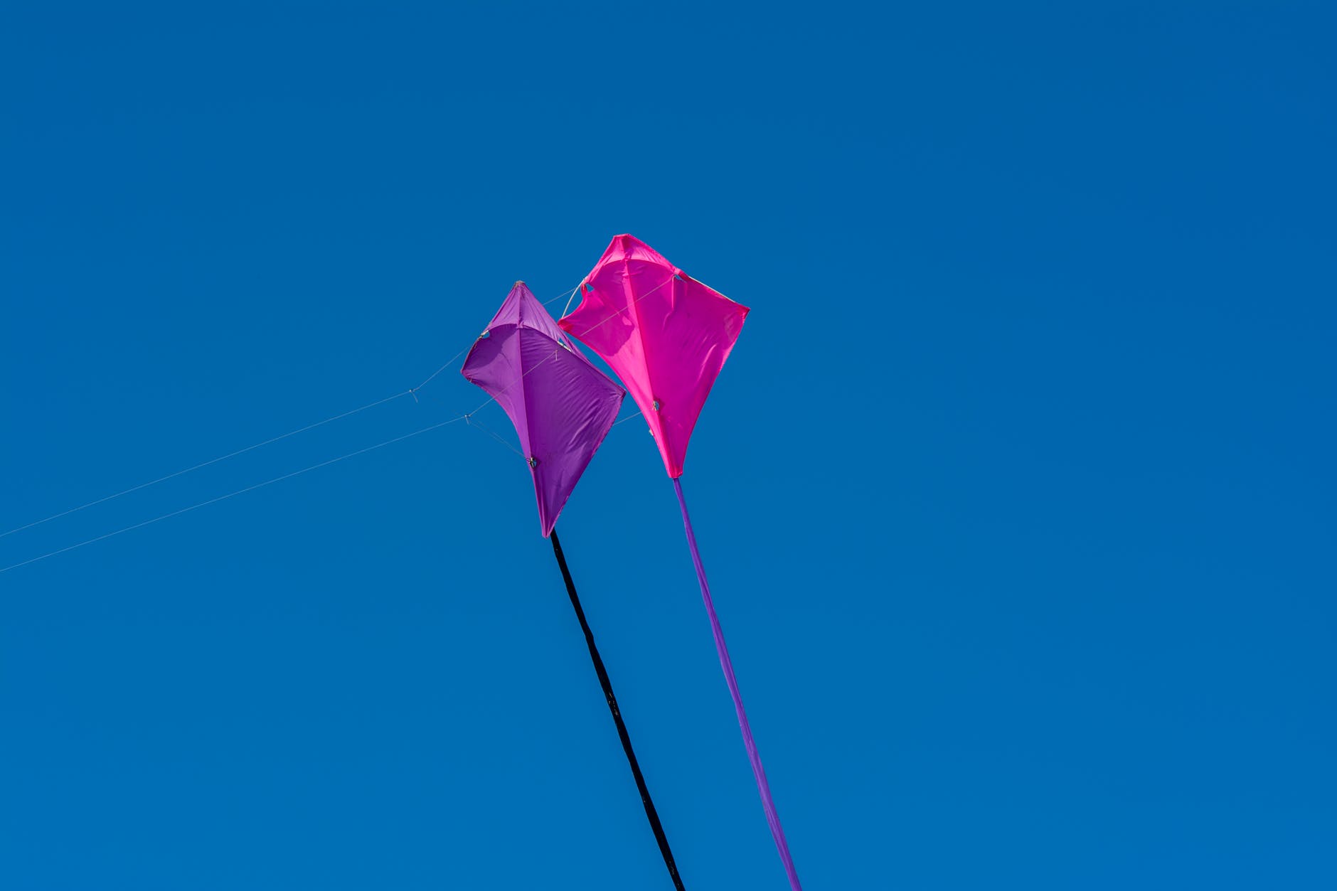 pink and purple kites on the background of clear blue sky