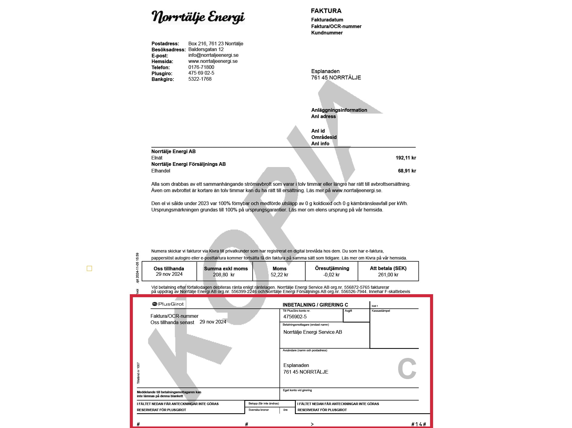 Bild på en faktura från Norrtälje Energi. Fakturan innehåller information om fakturadatum, kundnummer och belopp att betala.