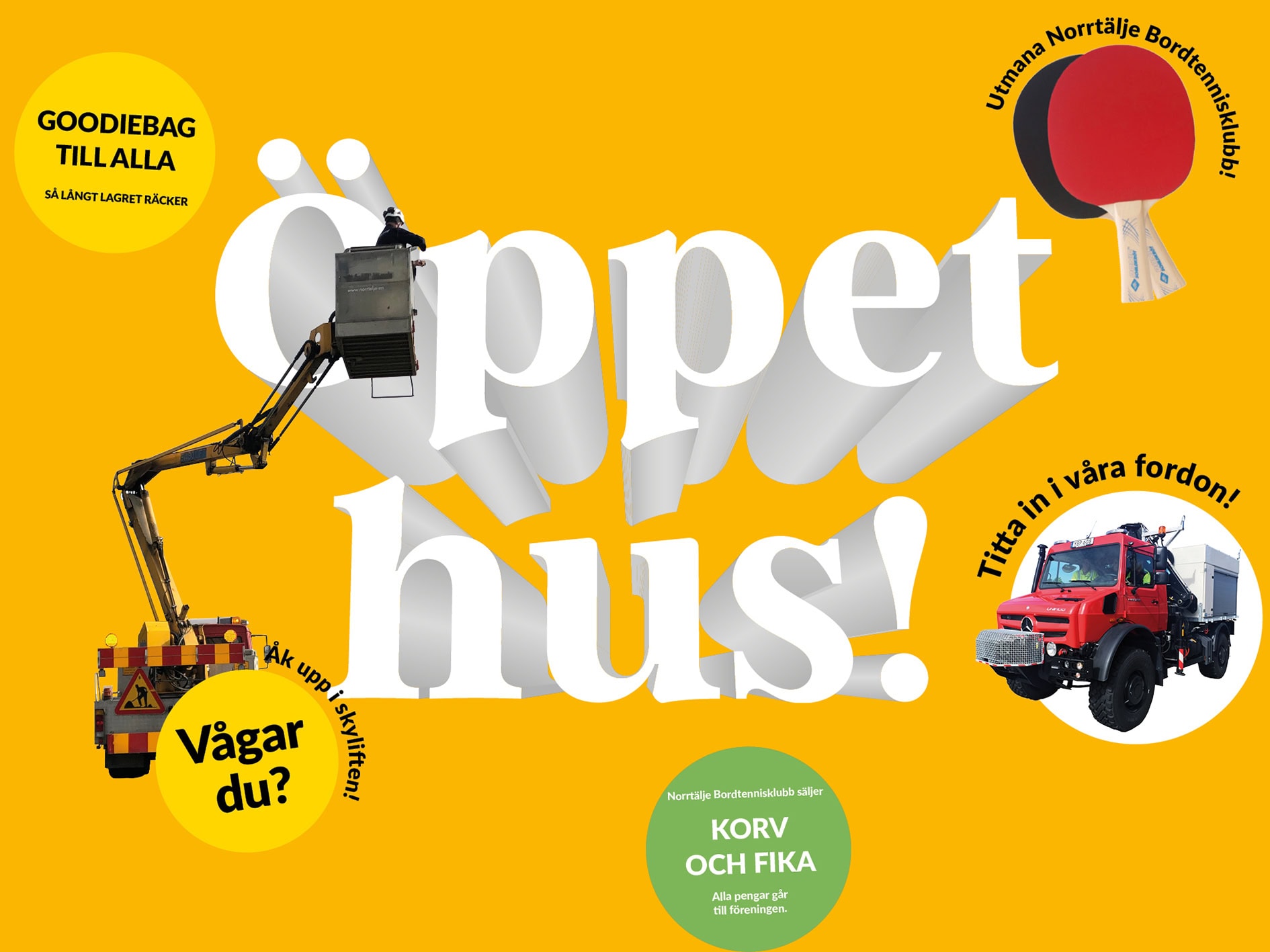 Affisch i färgstark design för Norrtälje Energis öppet hus-evenemang den 10 maj kl. 10–13. Texten "Öppet hus!" står i stora vita bokstäver mot gul bakgrund.